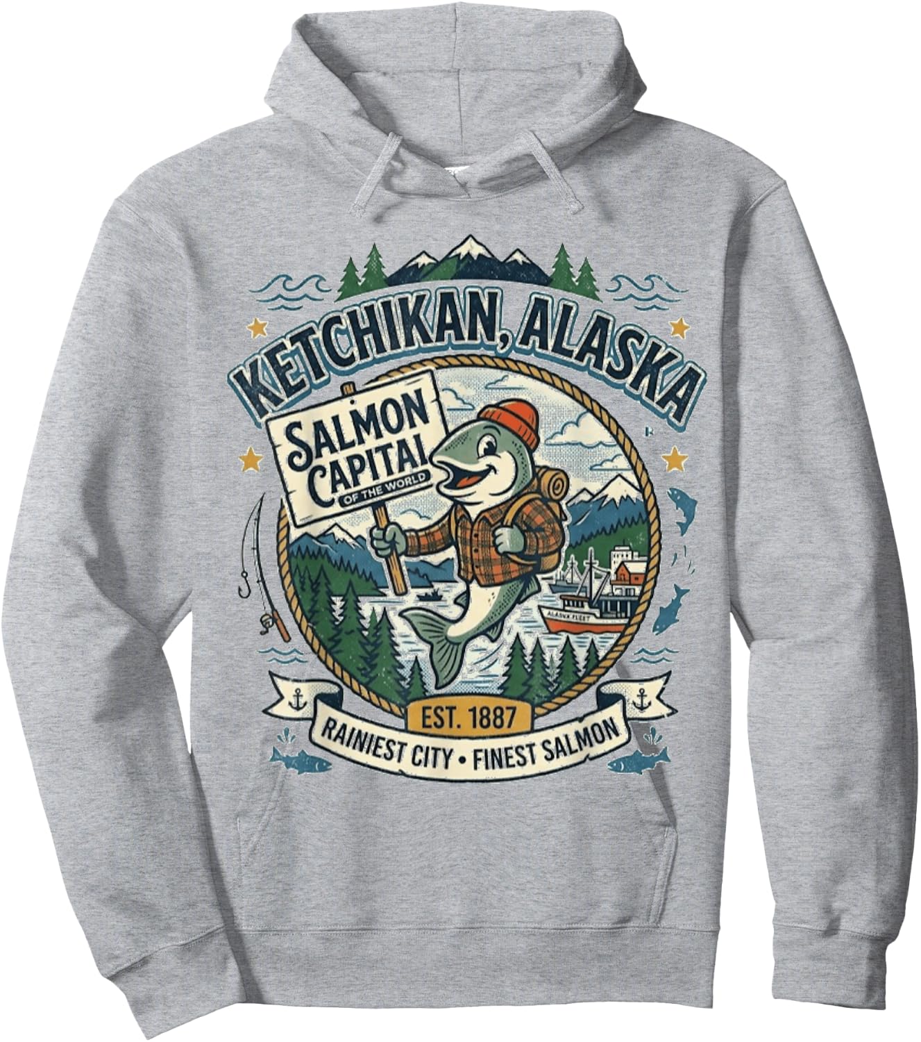 Ketchikan, Alaska - Salmon Capital - Vintage Mascot Logo Hoodie - Hoodie | Ash