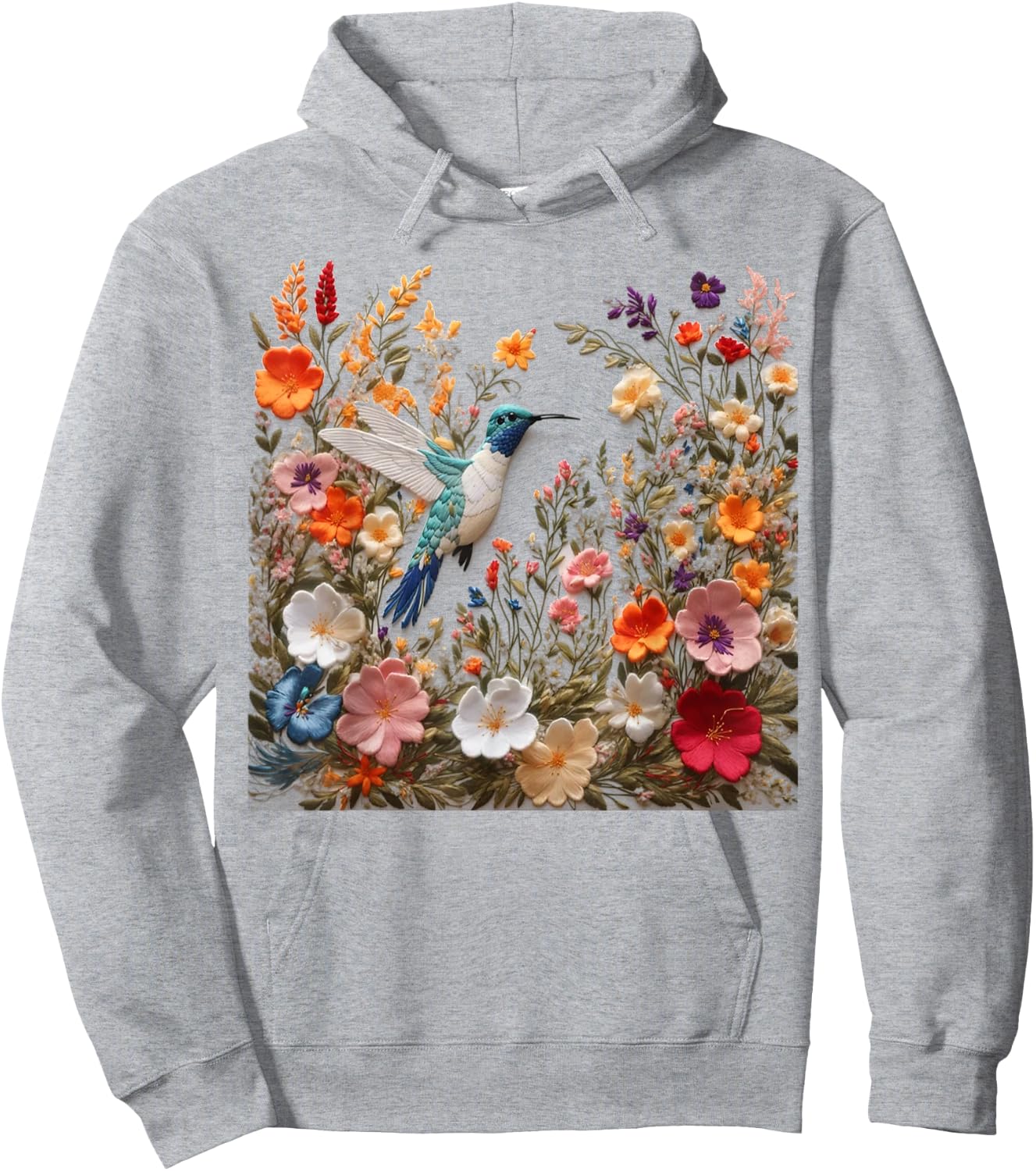 Embroidered Flower Hummingbird Floral Hummingbird in Bloom Hoodie - Hoodie | Ash