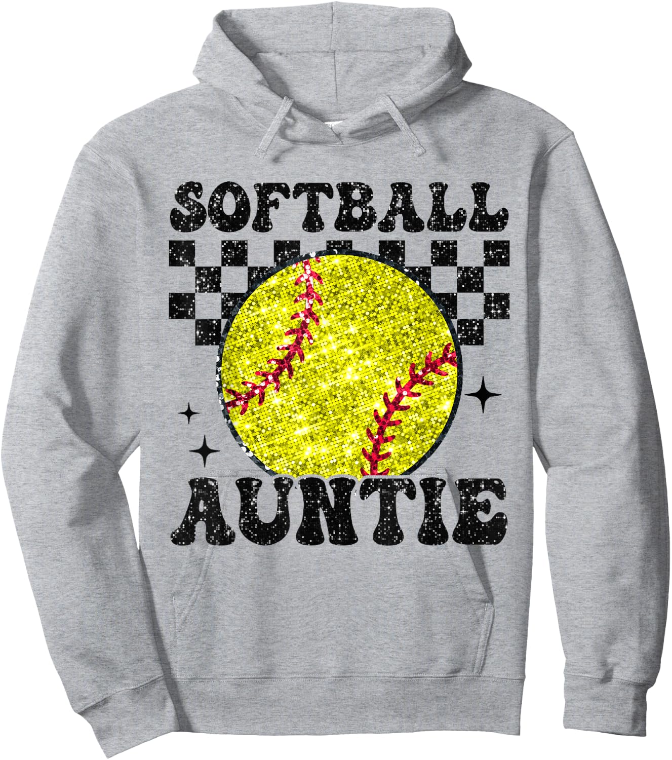 Softball Auntie Checkered Retro Funny Softball Aunt Family Hoodie - Hoodie | Ash