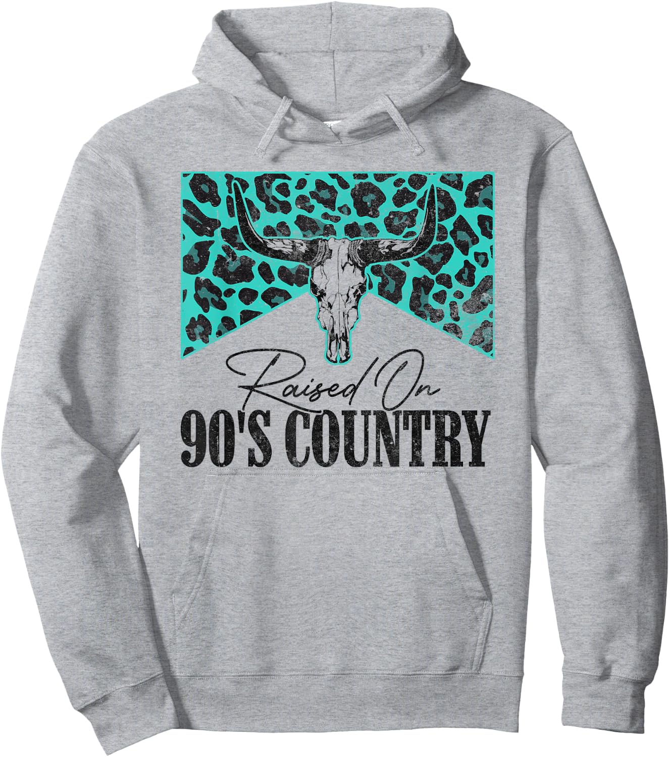 Vintage Leopard Bull Skull Raised On 90's Country Music Hoodie - Hoodie | Ash
