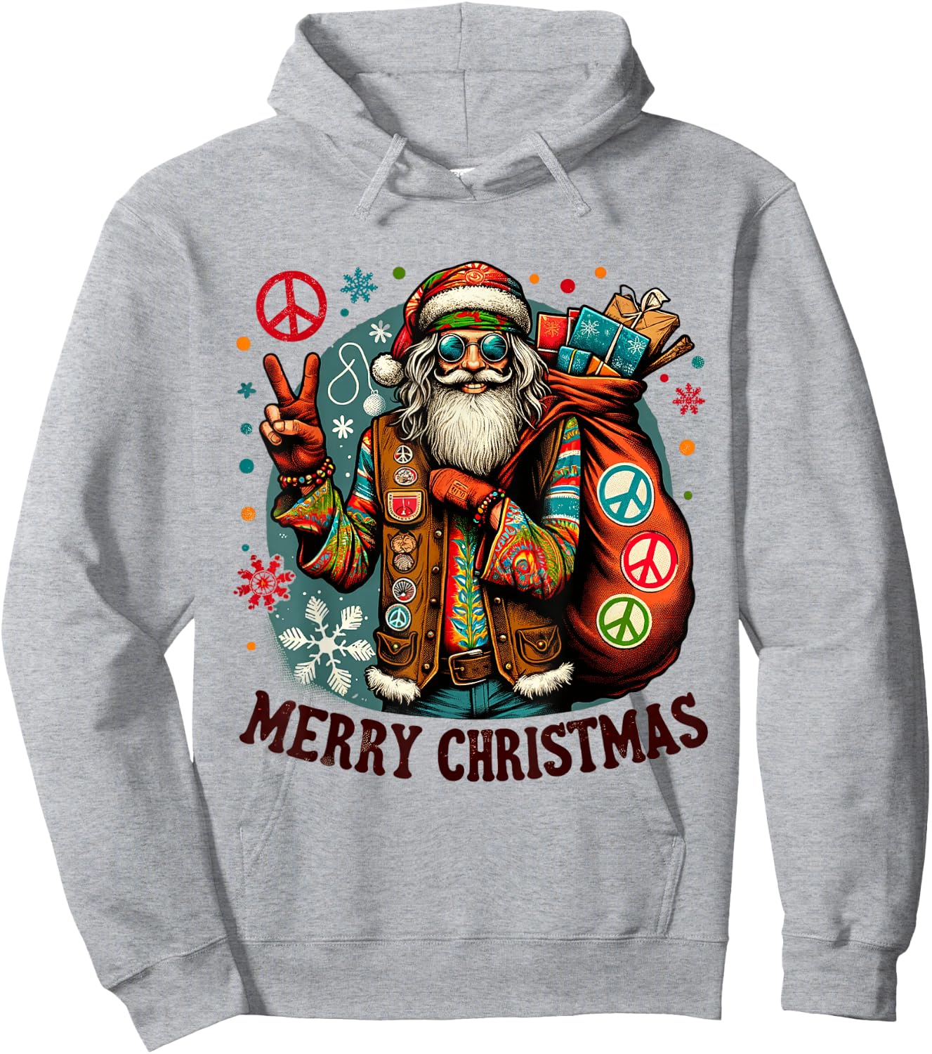 Hippie Santa Claus Christmas Peace Love & Merry X-Mas Winter Hoodie - Hoodie | Ash