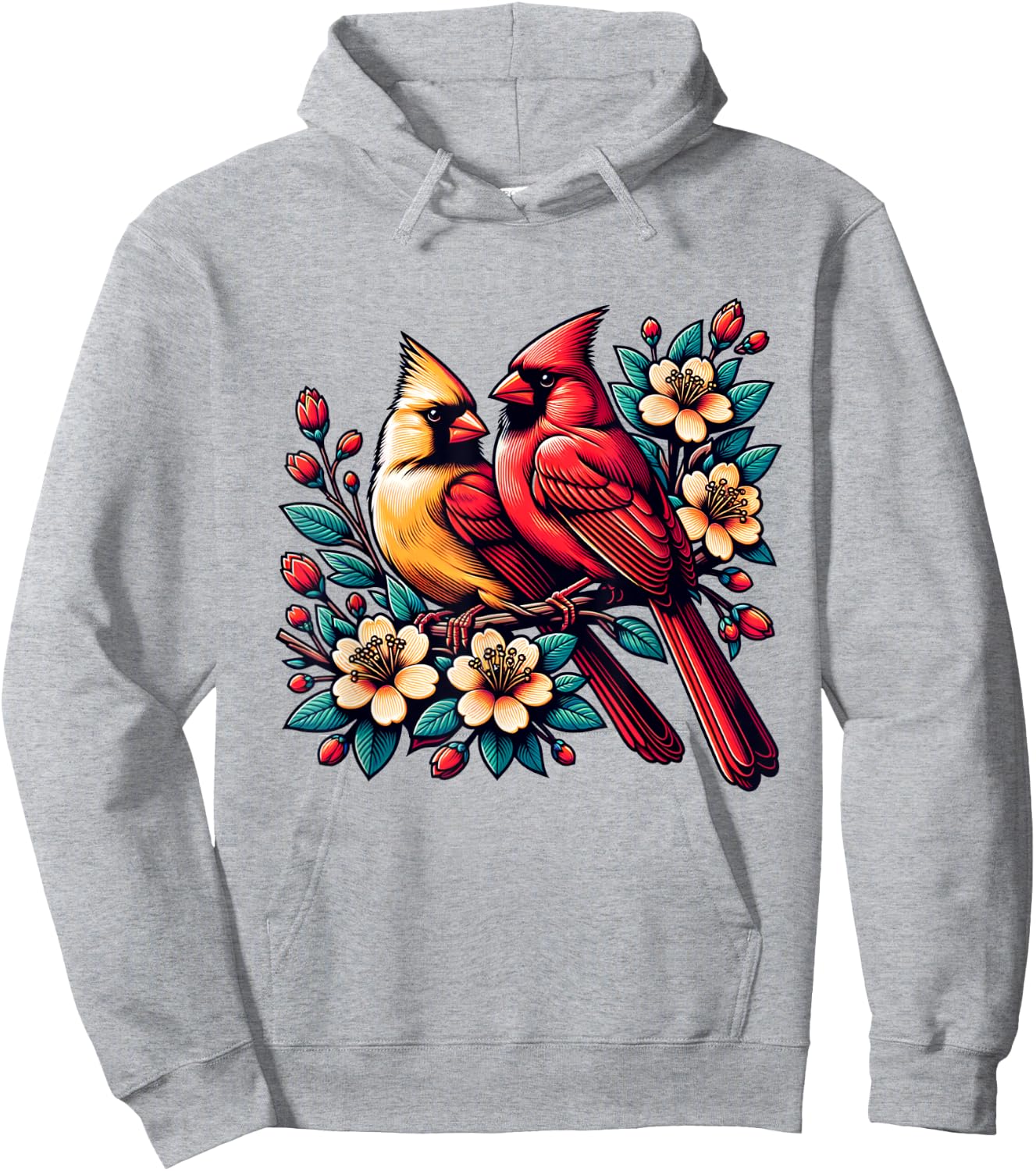 Cute Red Cardinal Couple on Flowering Branch Spring lovers Hoodie - Hoodie | Ash