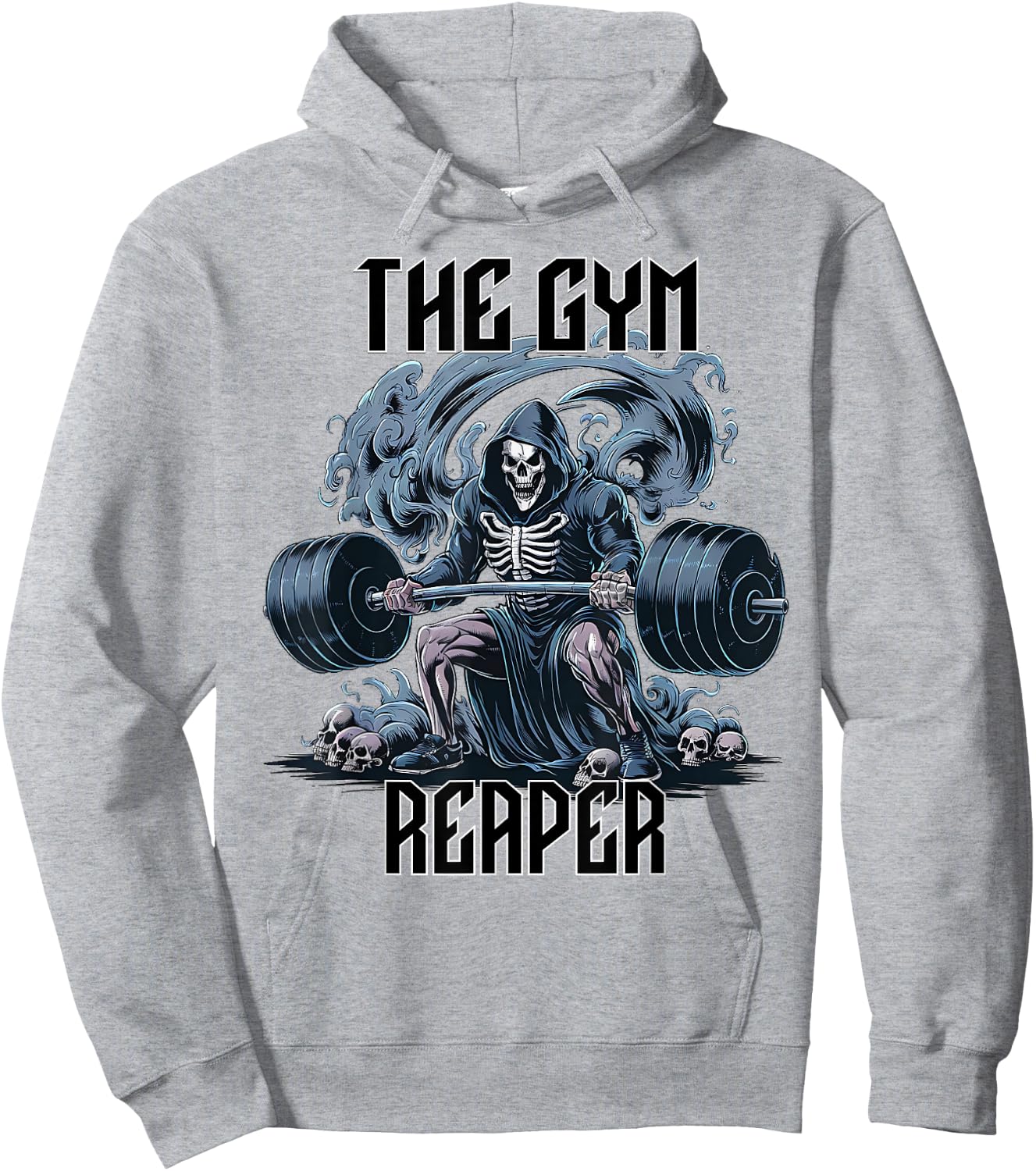 The Gym Reaper Death Skeleton Lifting Heavy Barbell Weights Hoodie - Hoodie | Ash