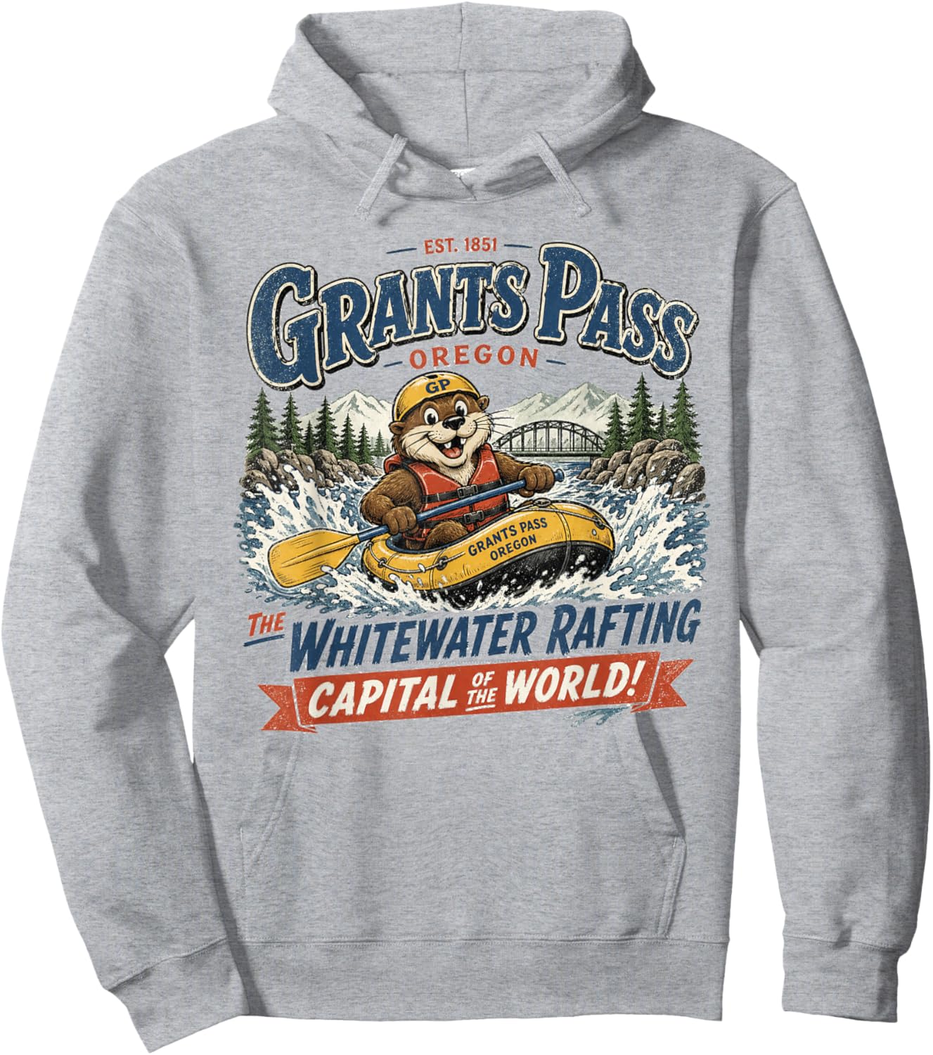 Grants Pass Oregon Whitewater Rafting Capital Vintage Logo Hoodie - Hoodie | Ash