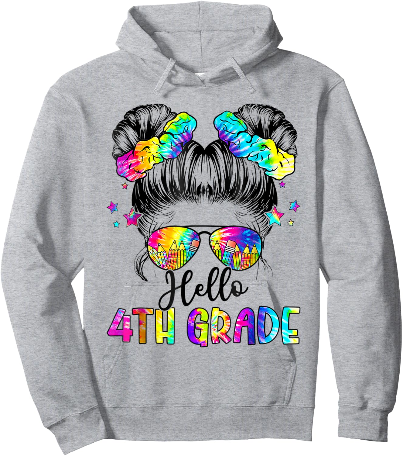 Hello 4th Grade Messy Hair Bun Girl Back To School First Day Hoodie - Hoodie | Ash