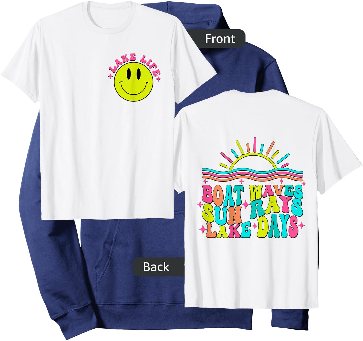 Boat Waves Sun Rays Lake Days Retro Summer vacation on Back Hoodie - Hoodie | Navy