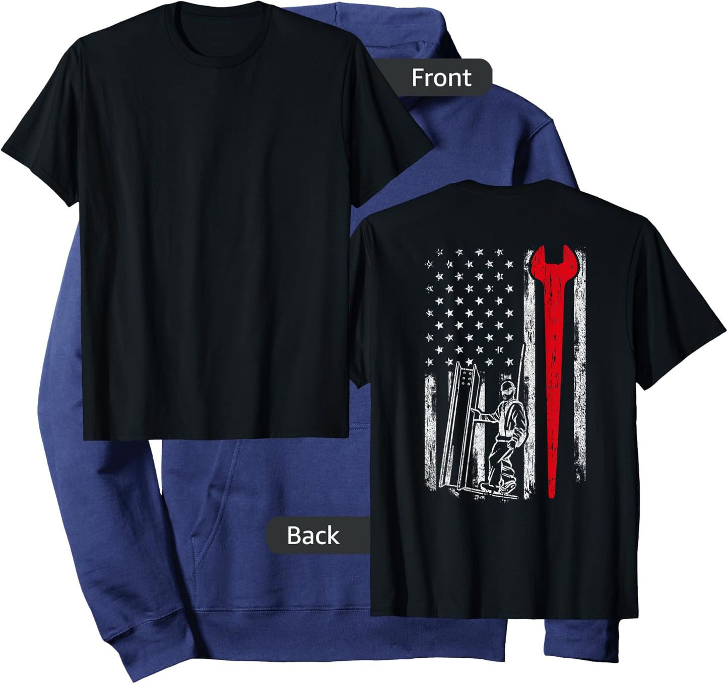 American USA Flag Ironworker Design On Back Vintage Novelty Hoodie - Hoodie | Navy