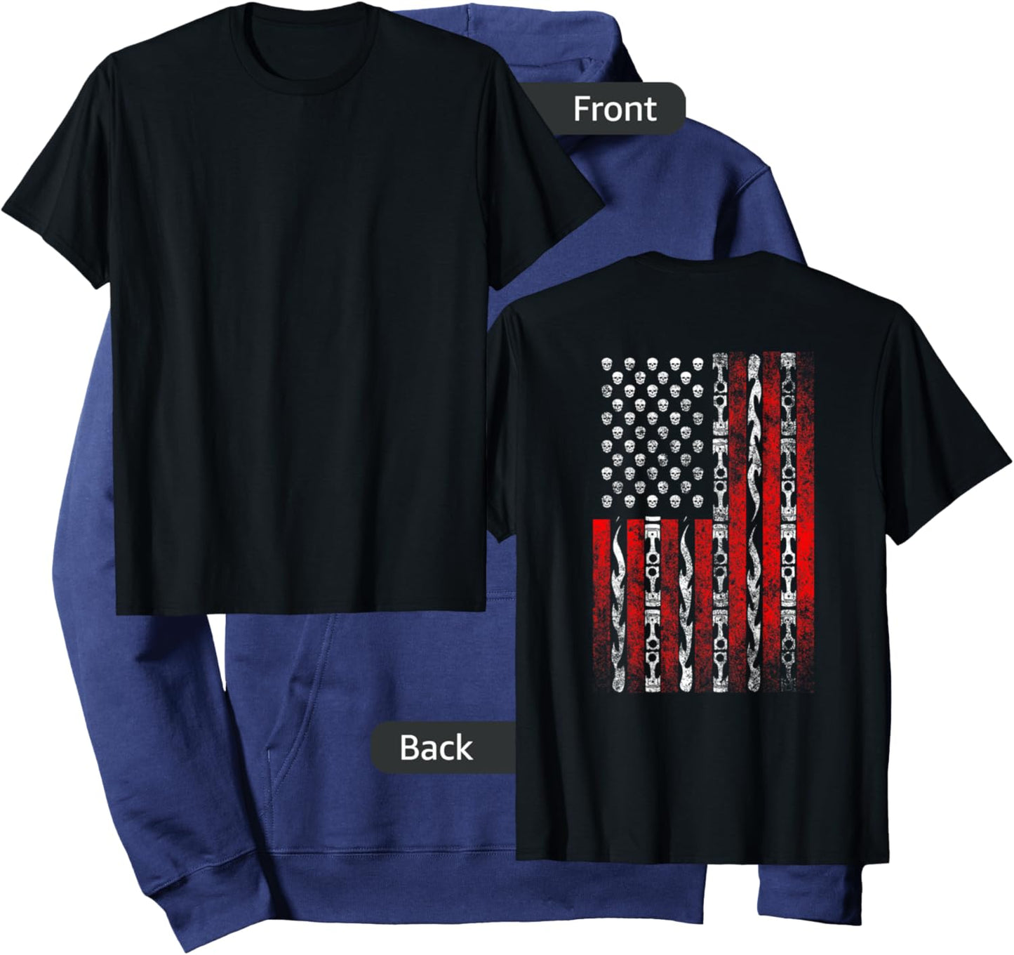 Patriotic Biker Back Print Shirt Skull Flame Motorcycle Hoodie - Hoodie | Navy