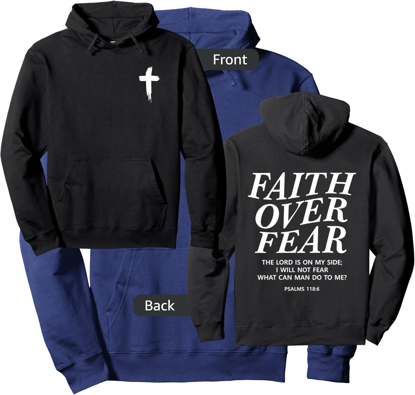 Faith Over Fear Bible Verse Christian Front and Back Print Hoodie - Hoodie | Navy
