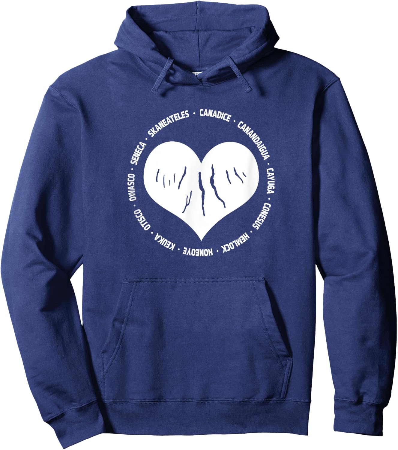 I Love The Finger Lakes New York Gift Heart with Lake Names Hoodie - Hoodie | Navy