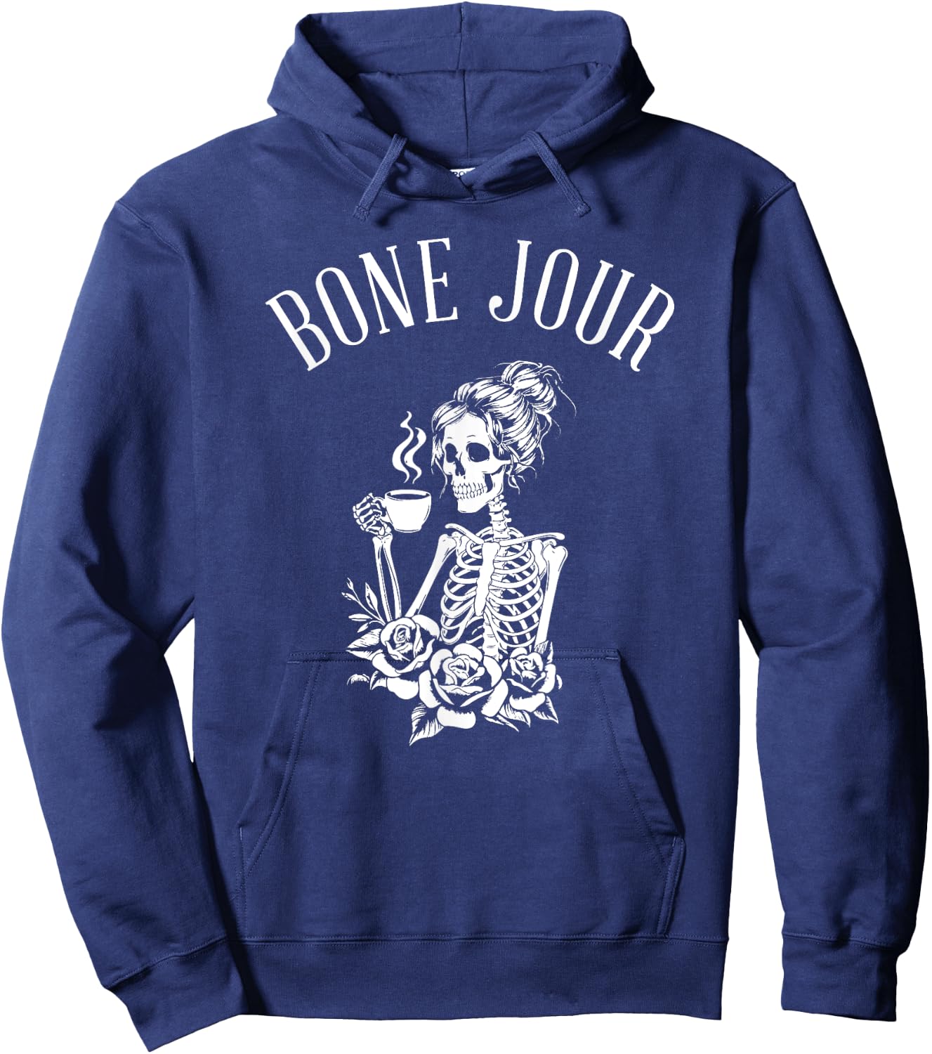 Bone Jour Skeleton Halloween Bon Jour Coffee Drinker Hoodie - Hoodie | Navy