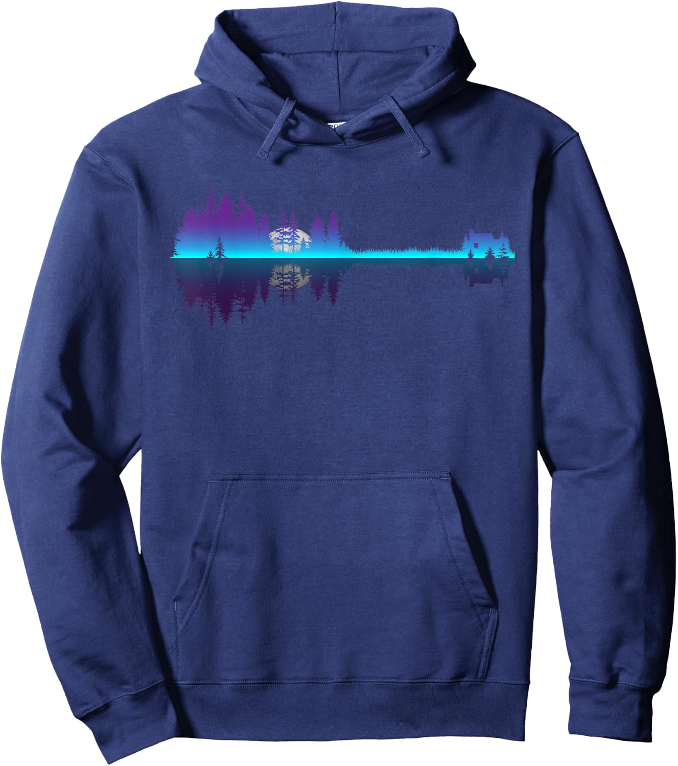 Musician Guitar Shaped Trees Lake Reflection of Cabin Moon Hoodie - Hoodie | Navy