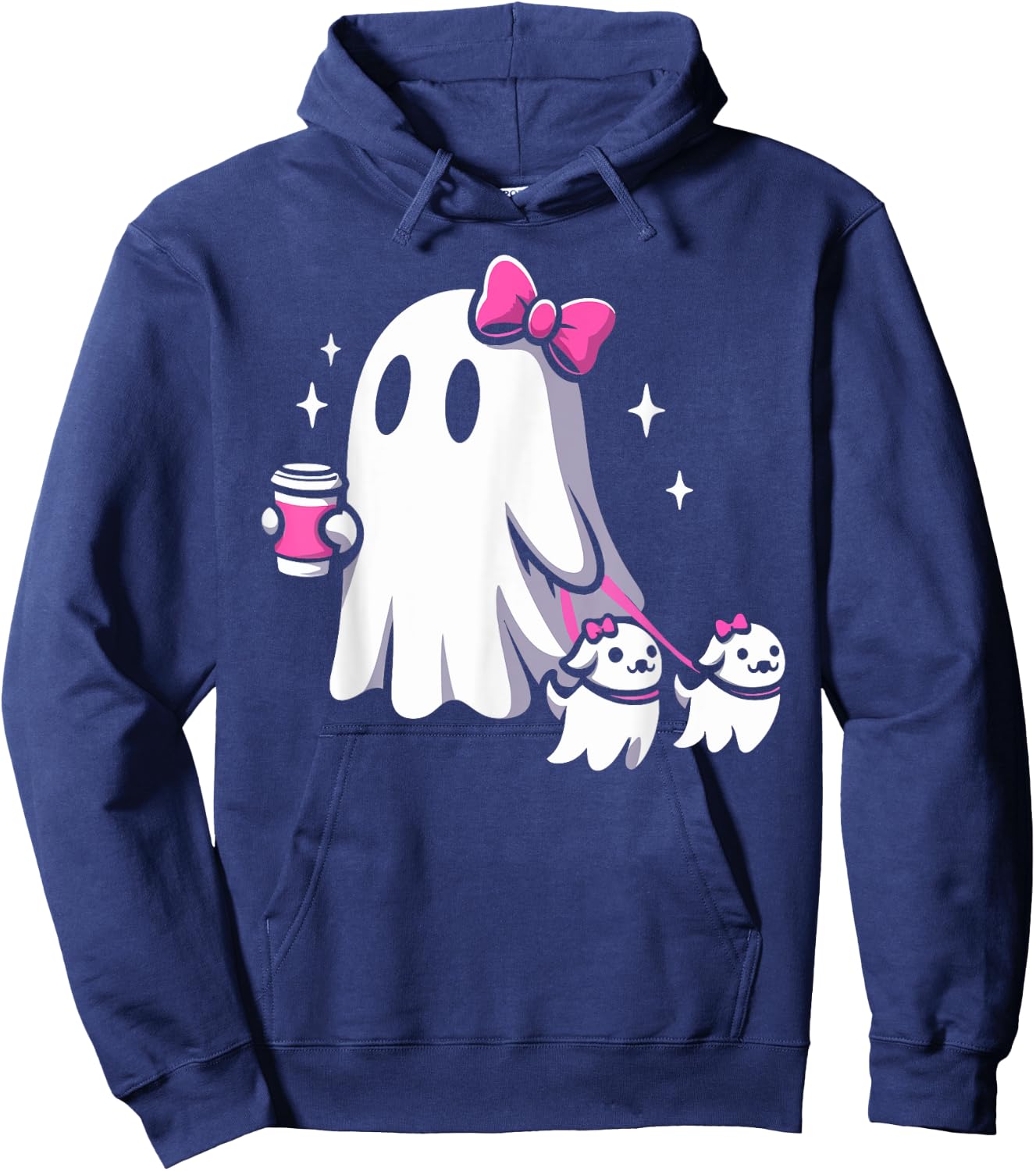 Halloween Cute Ghost Walking Dog Spooky Pink Coquette Ghost Men Women Girls Kids Hoodie - Hoodie | Navy