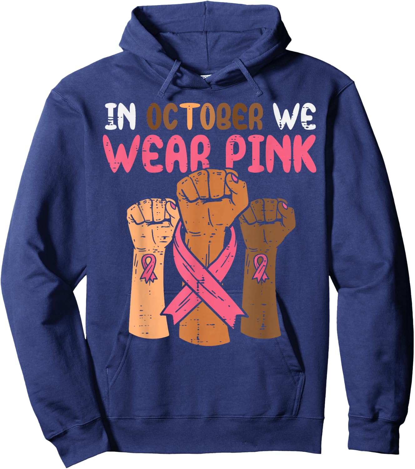 In October We Wear Pink Melanin Black Breast Cancer African Hoodie - Hoodie | Navy