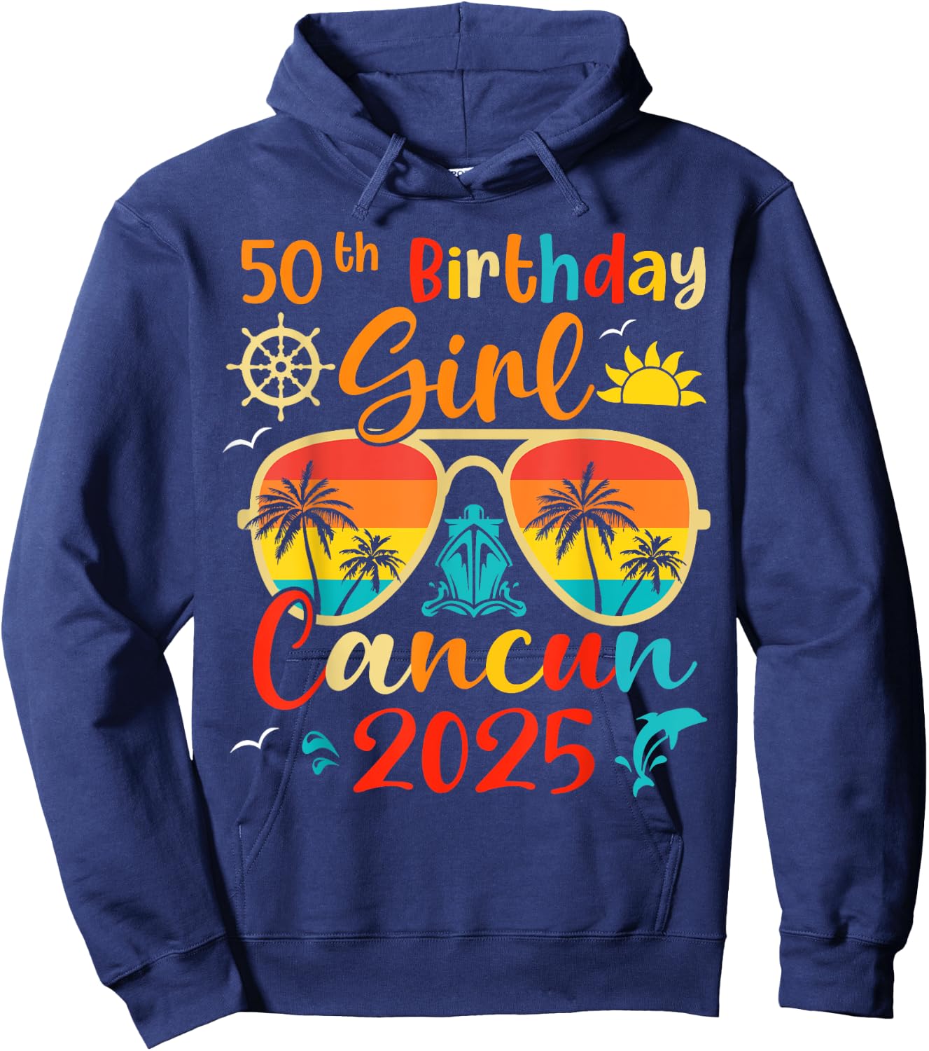 Vintage 50th Birthday Girls Cancun 2025 Beach Vacation Trip Hoodie - Hoodie | Navy
