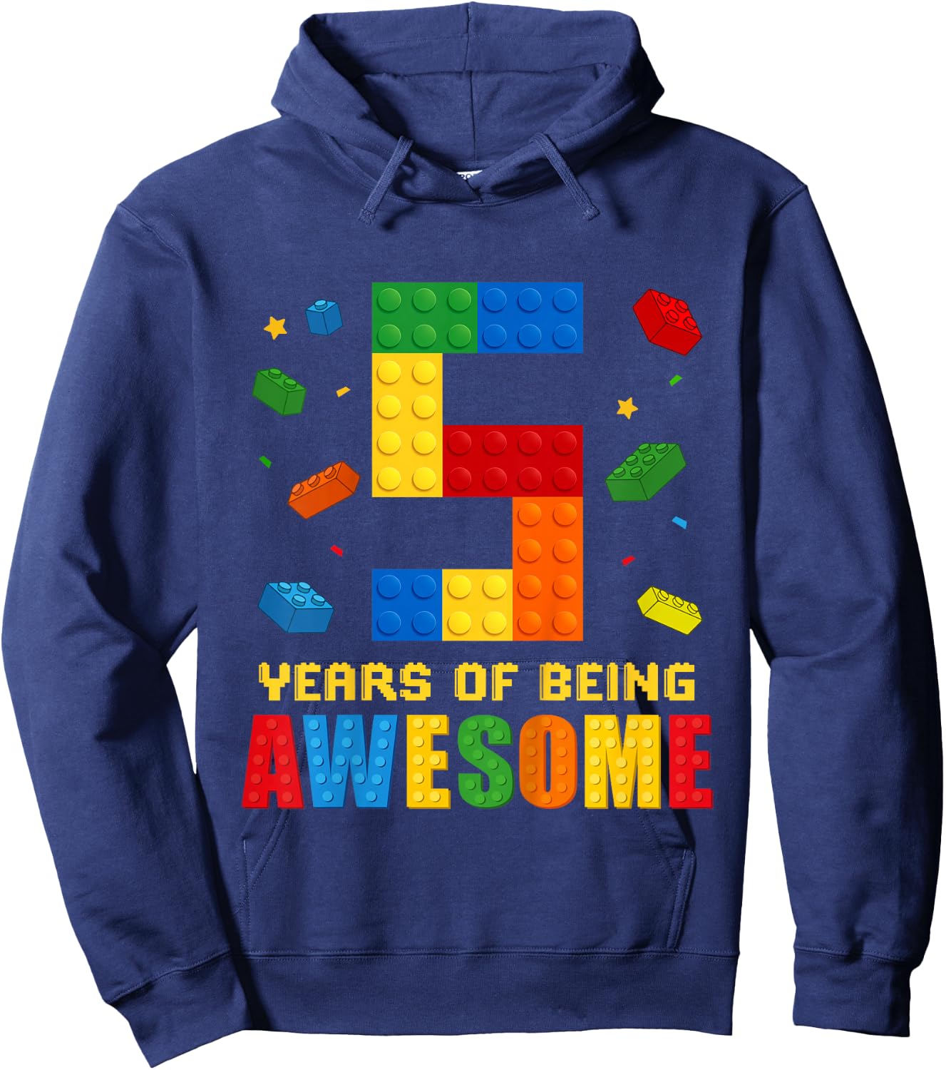 Kids 5 Year Old Birthday Boy Being Awesome Building Bricks 5th Hoodie - Hoodie | Navy