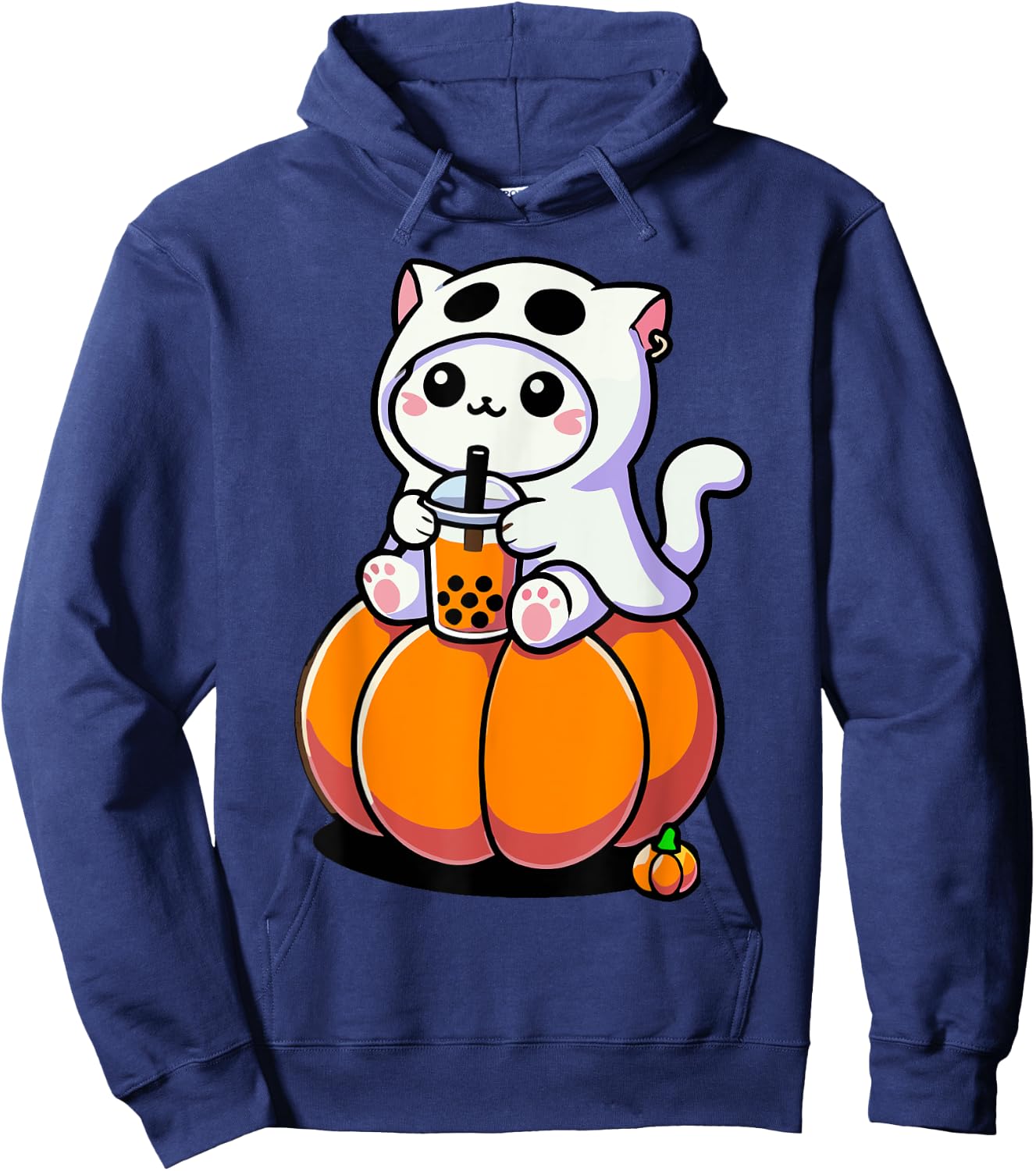 Cute Halloween Cat in Ghost Costume Drinking Boba Tea Men Women Kids Hoodie - Hoodie | Navy
