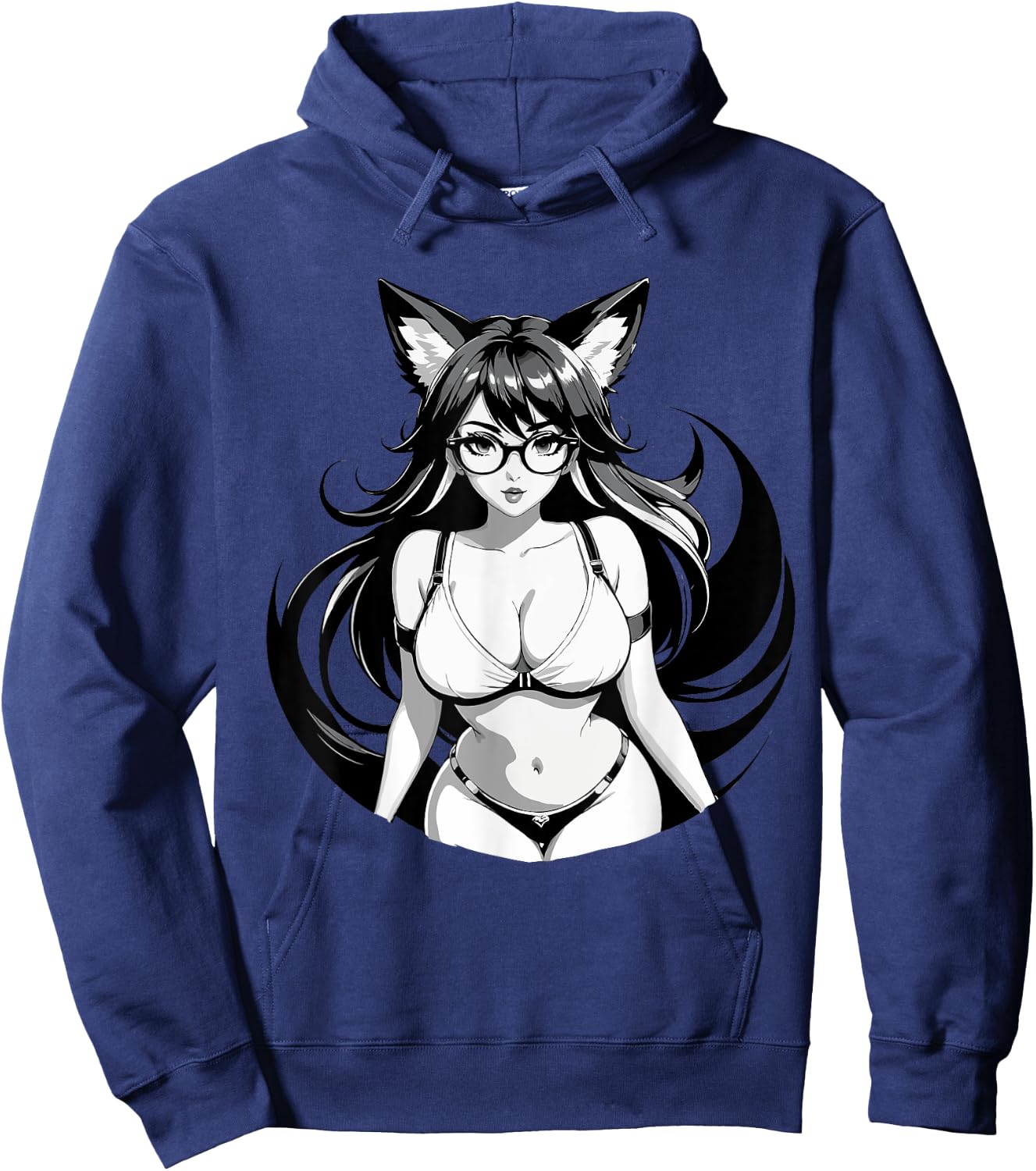 Sexy Waifu Otaku Anime Fox E-Girl Japanese Black & White Hoodie - Hoodie | Navy