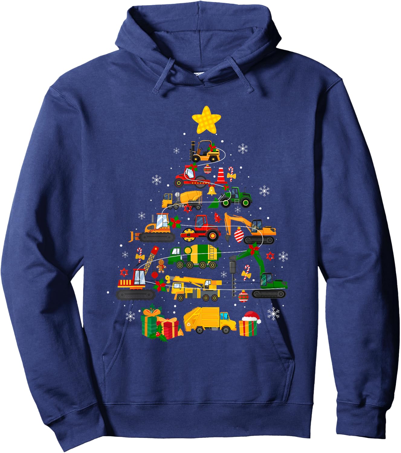 Cute Christmas Tree Santa Hat Construction Excavator Truck Hoodie - Hoodie | Navy