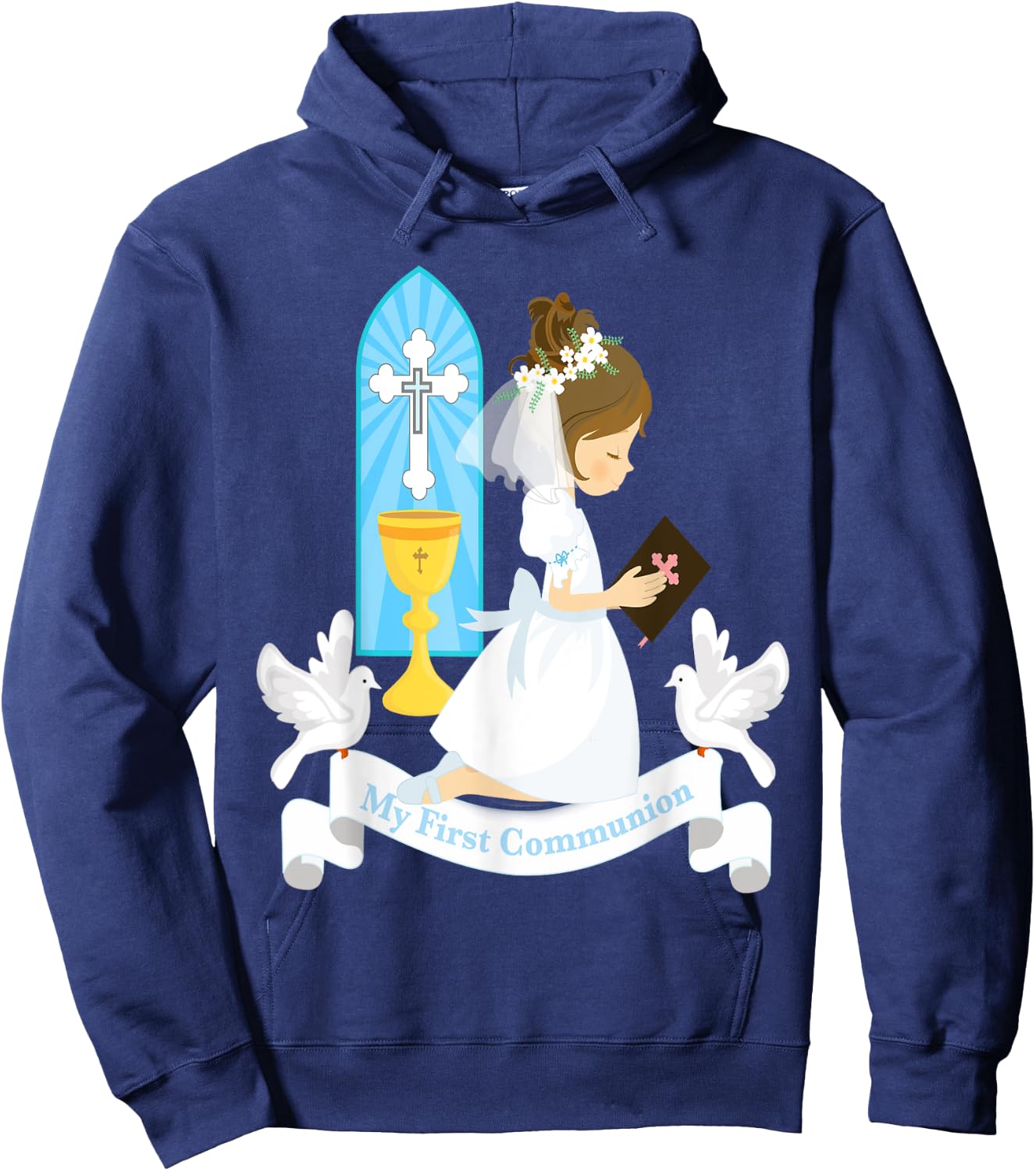 My First Communion Girls Daughter Godchild Brunette Church Hoodie - Hoodie | Navy