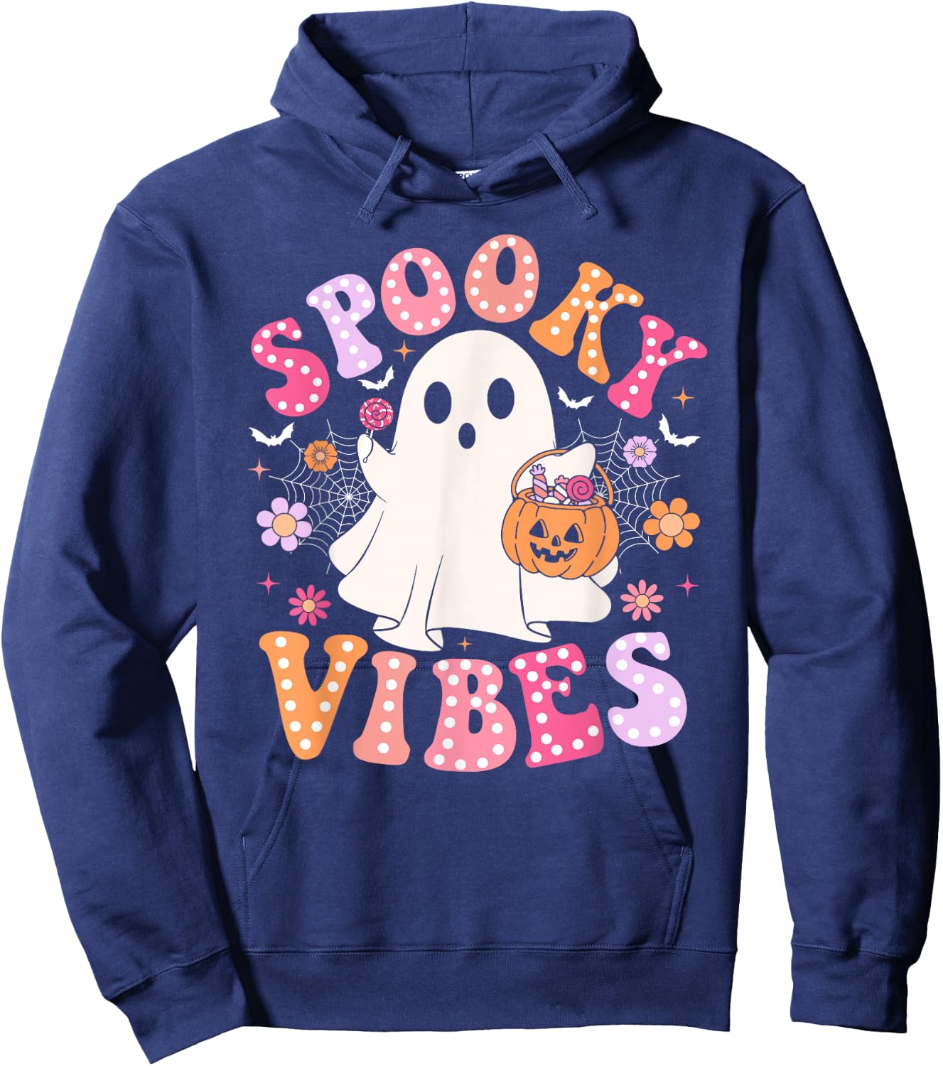 Spooky Vibes Ghost Retro Groovy Halloween Women Girls Kids Hoodie - Hoodie | Navy