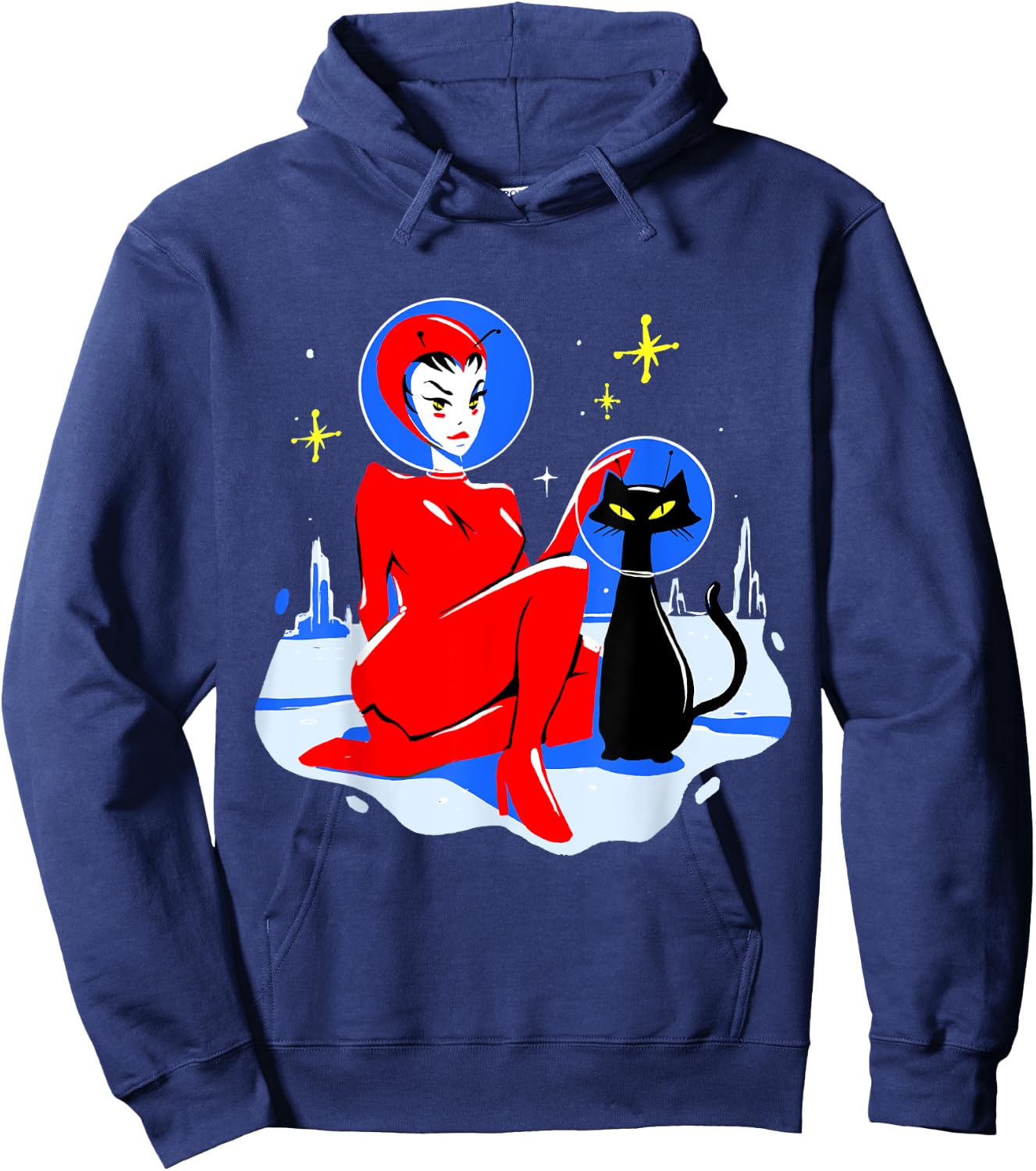 Mid Century Space Cat Retro Atomic Age Alien Pin Up Girl Hoodie - Hoodie | Navy