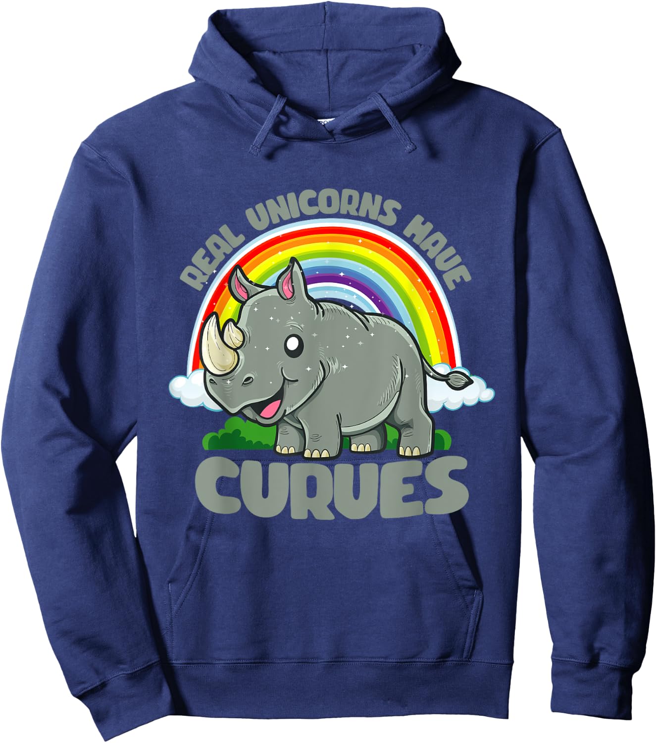 Real Unicorns Have Curves Rhinoceros Rhino Rainbow Fantasy Hoodie - Hoodie | Navy