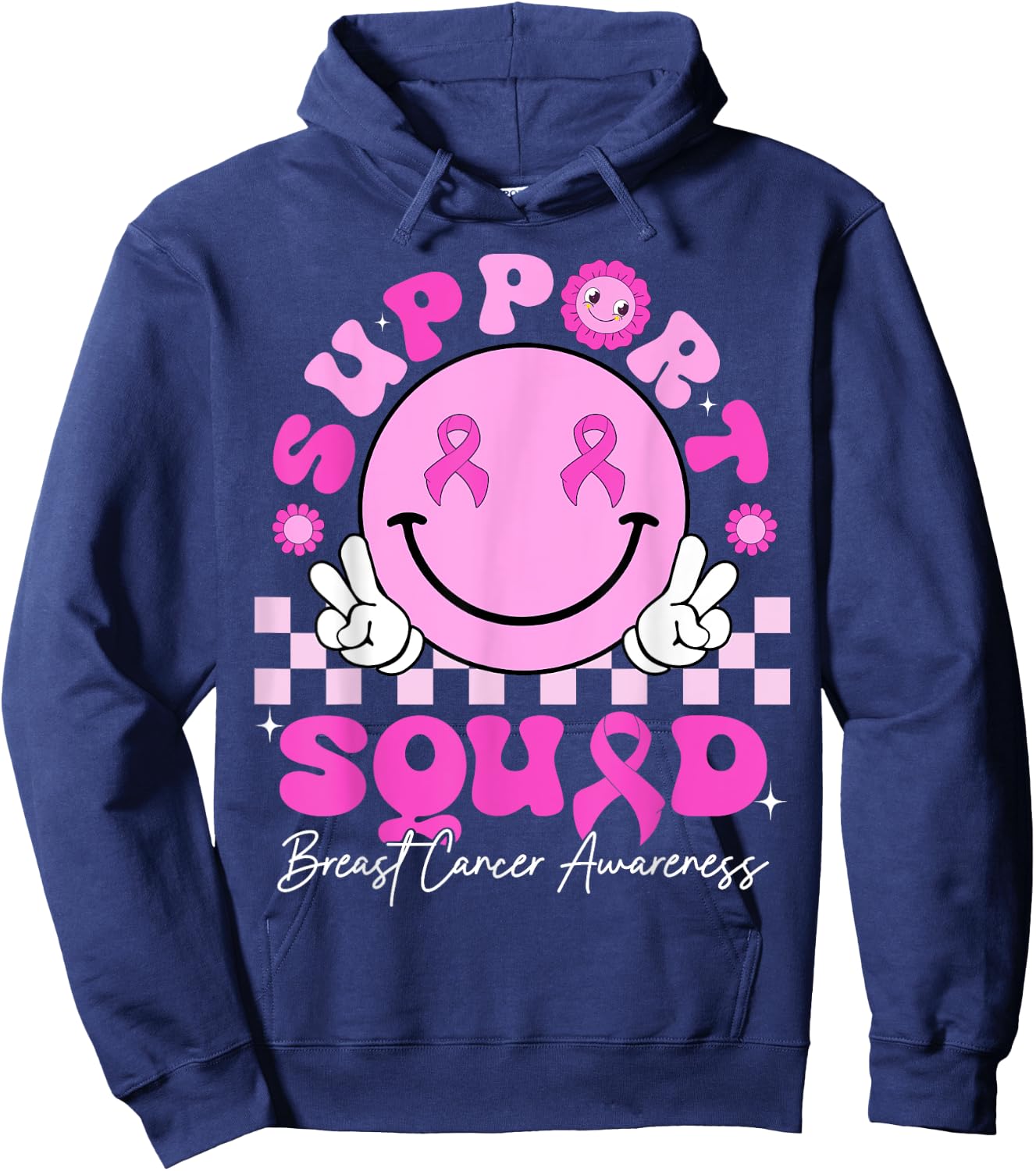 Retro Groovy Support Squad Breast Cancer Awareness October Hoodie - Hoodie | Navy