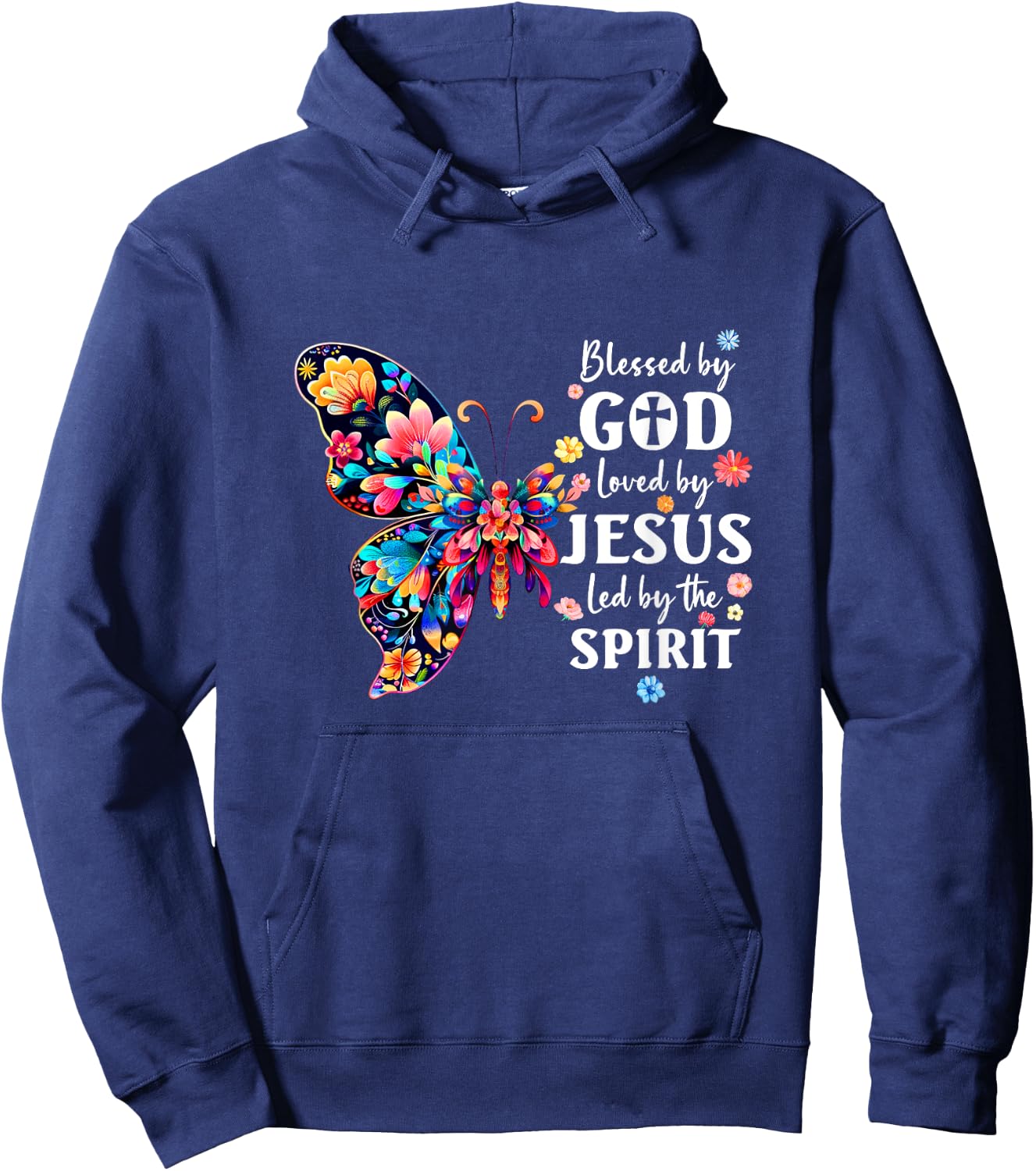 Blessed By God Loved By Jesus Floral Butterfly Christian Hoodie - Hoodie | Navy