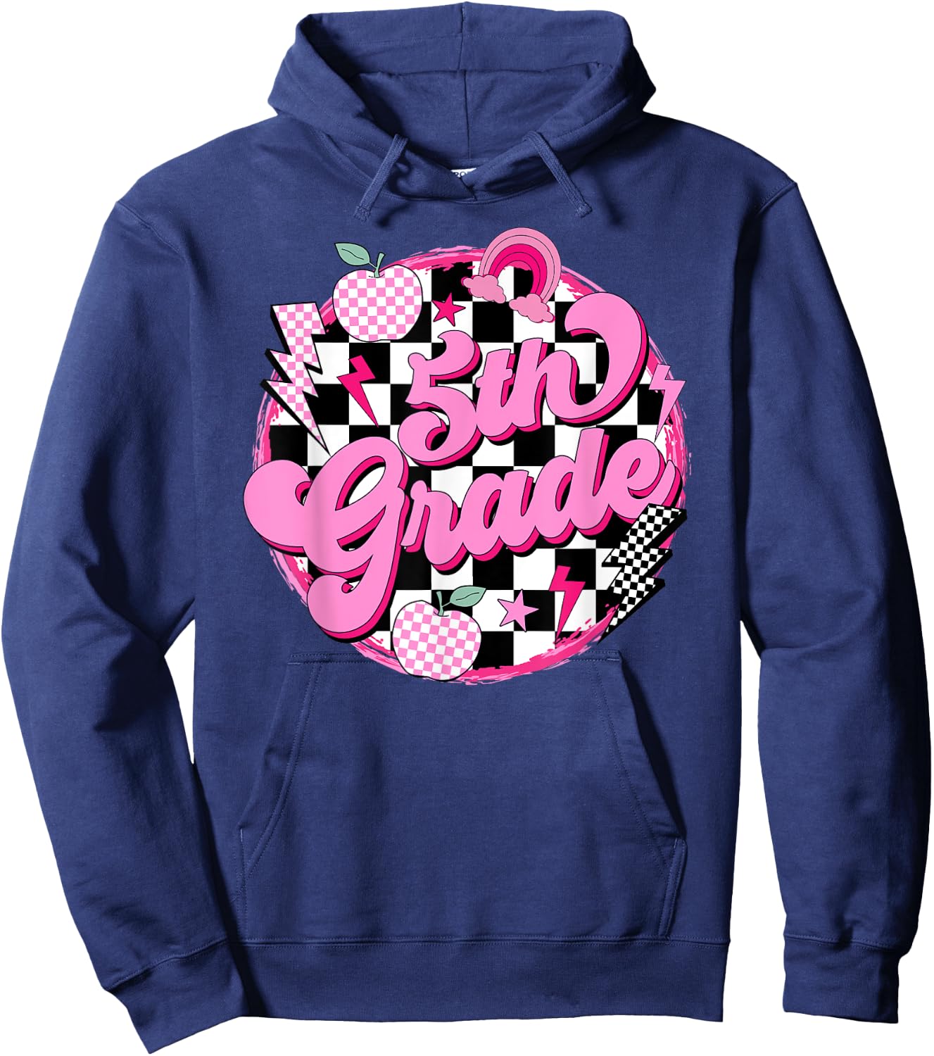 5th Grade Teacher Women Retro Checkered First Day of School Hoodie - Hoodie | Navy