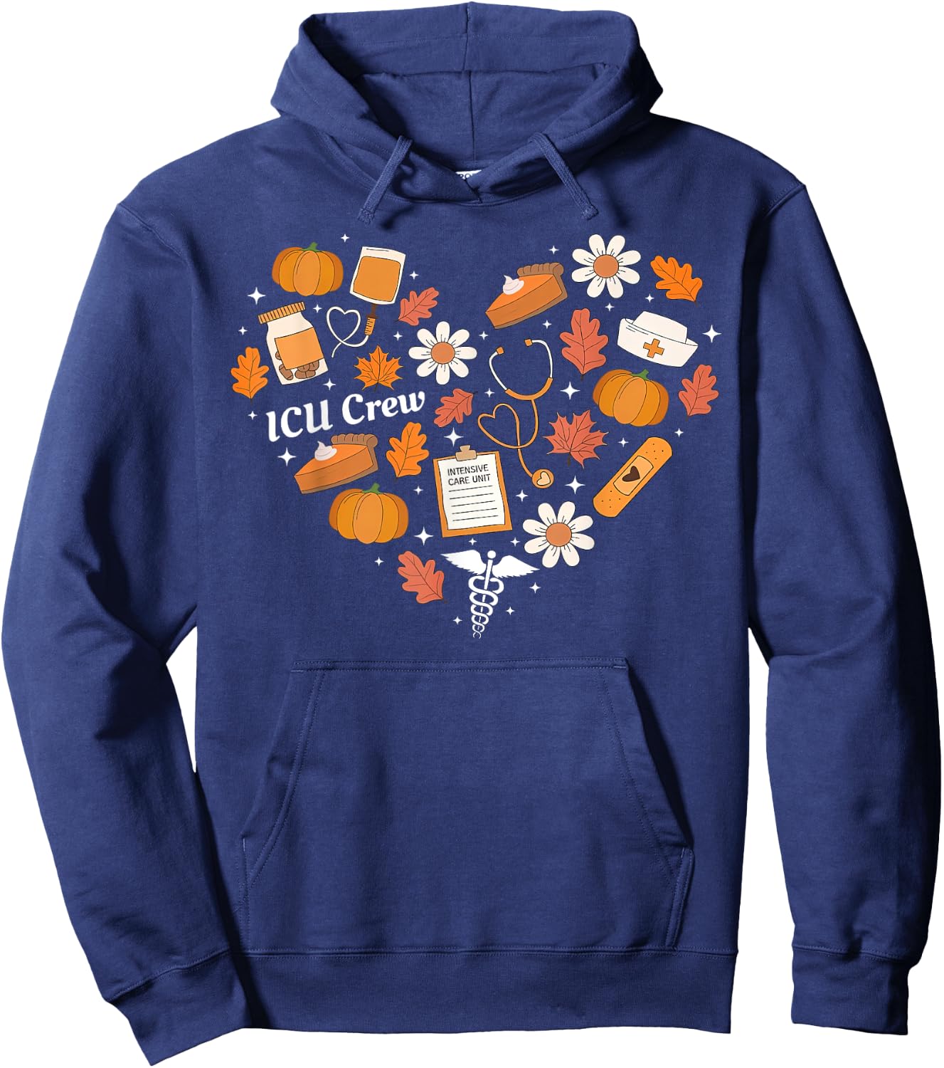 ICU Crew Nurse Fall Heart Autumn Pumpkin Thanksgiving CVICU Hoodie - Hoodie | Navy