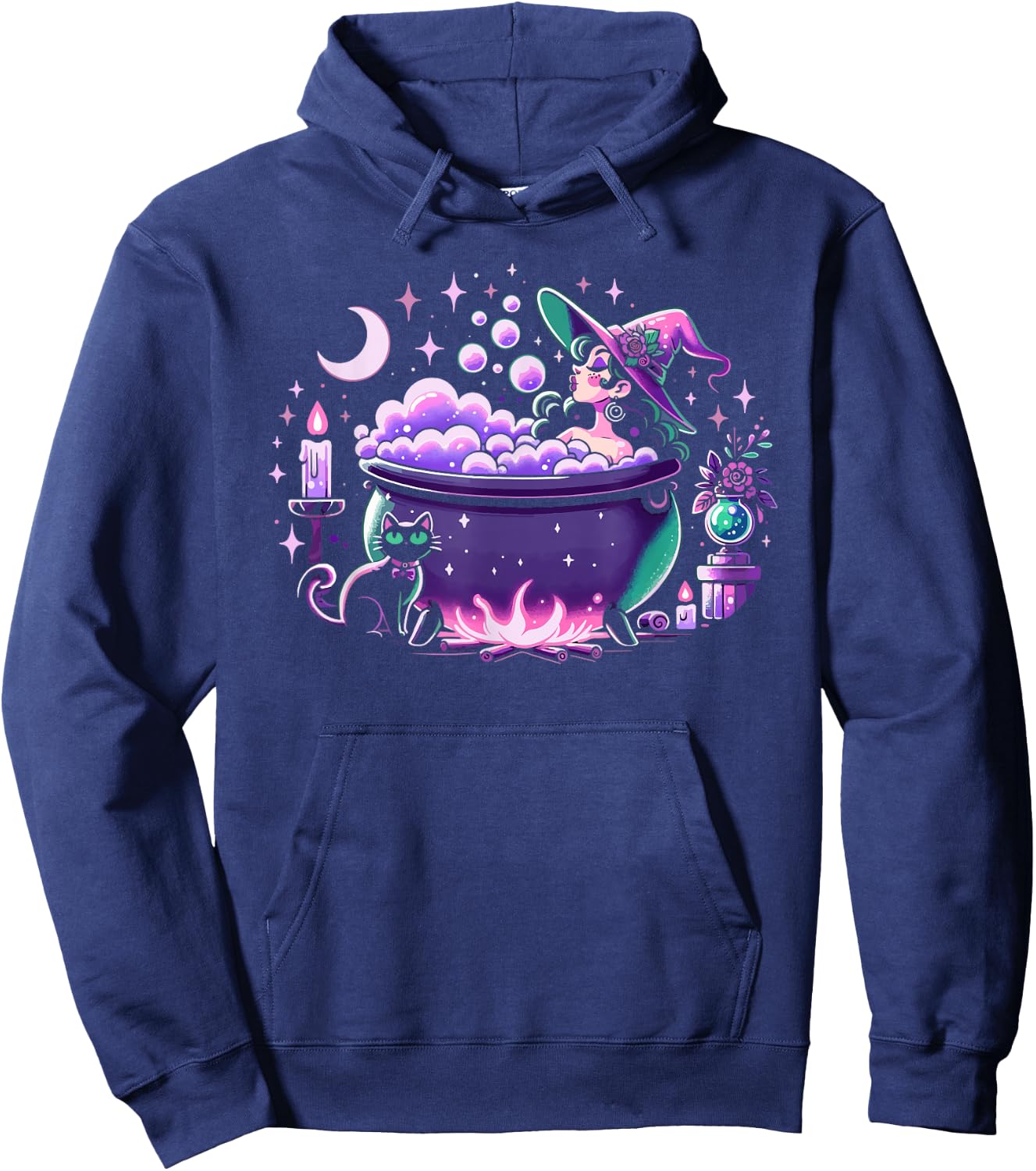 Witch Bubble Bath Cauldron Purple Pink Pastel Goth Cute Cat Hoodie - Hoodie | Navy