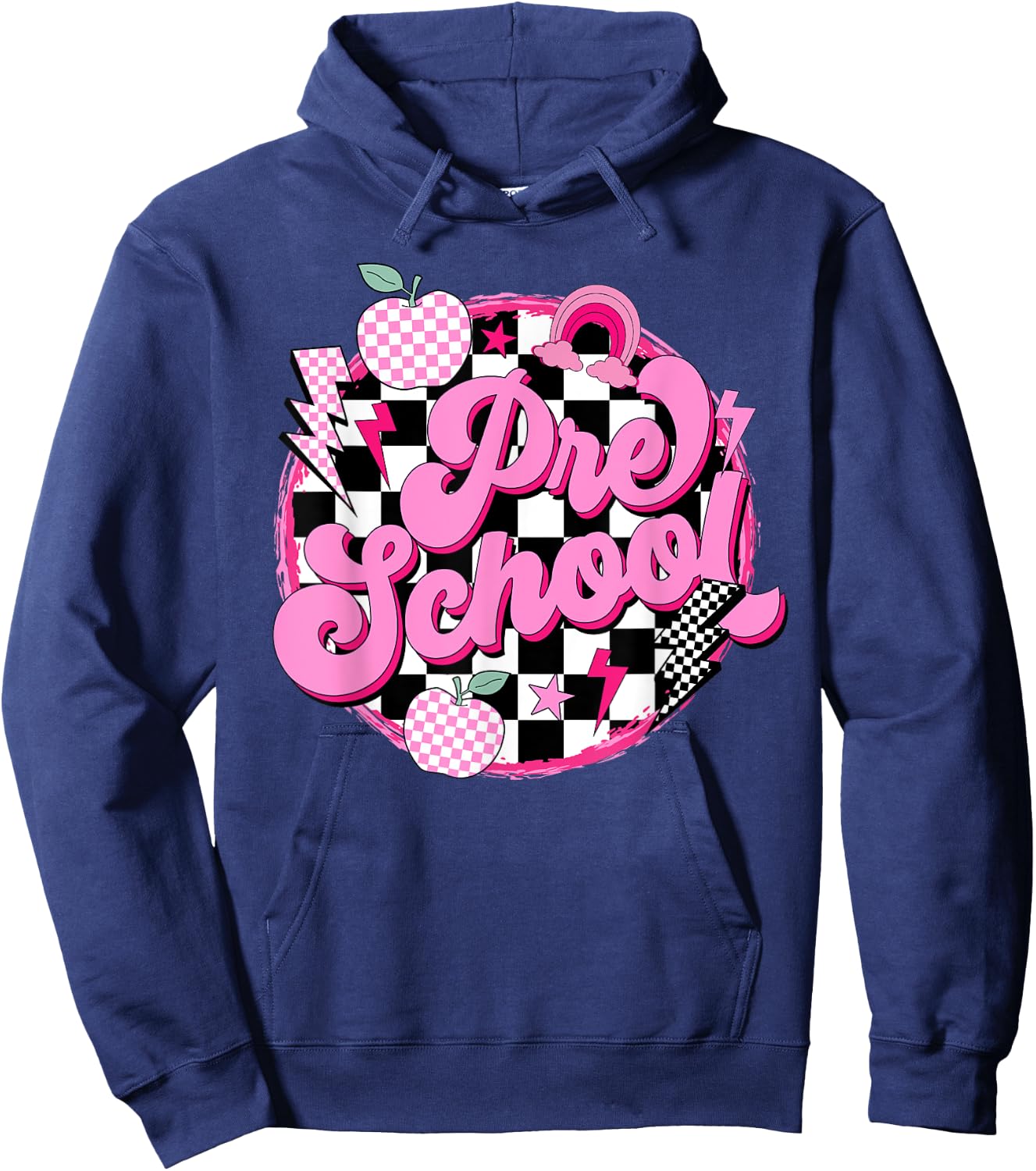 Preschool Teacher Women Retro Checkered First Day of School Hoodie - Hoodie | Navy