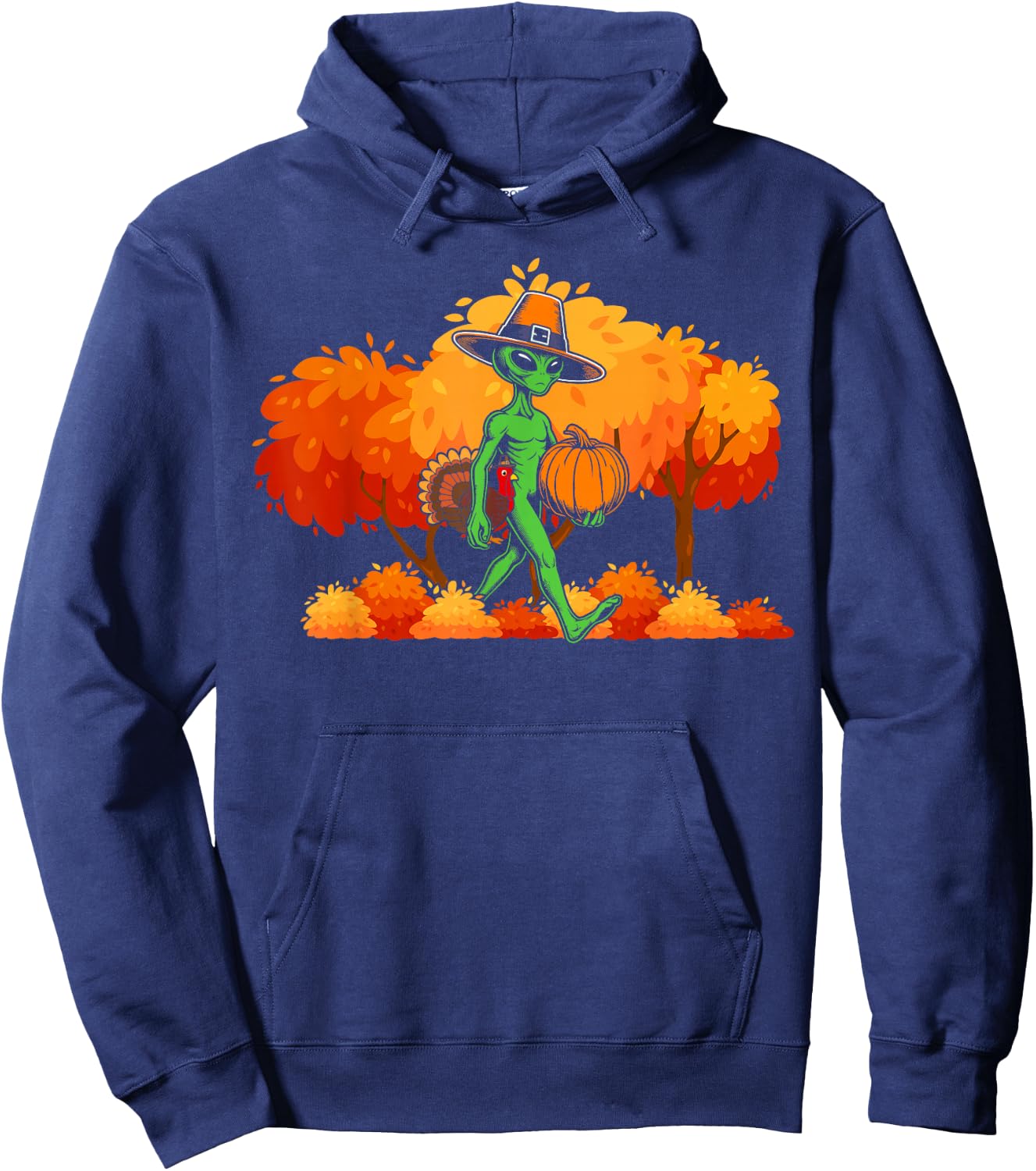 Alien thanksgiving Pilgrim Turkey Pumpkin autumn leaves fall Hoodie - Hoodie | Navy