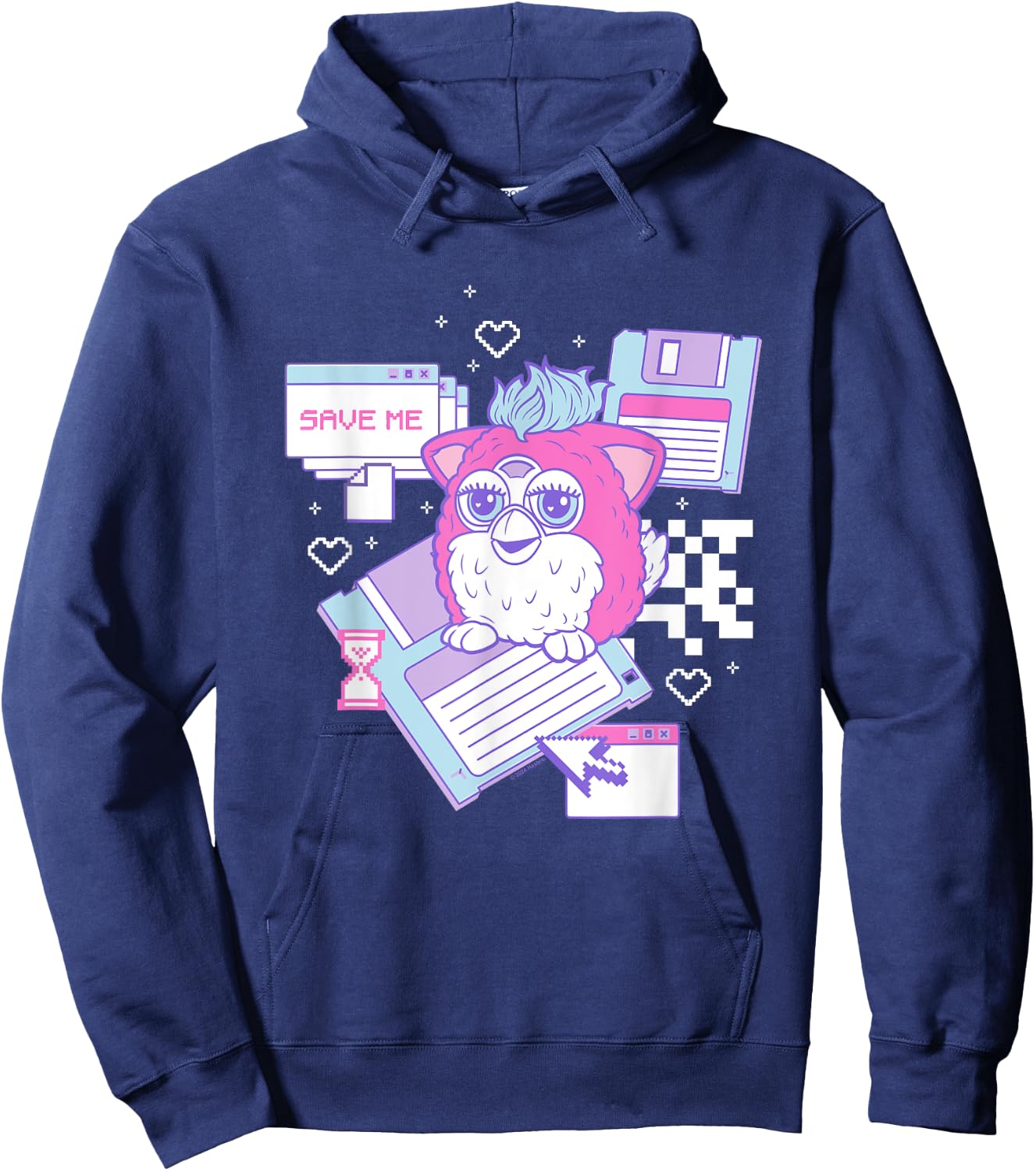 Furby Cute Retro Computer Friend Save Me Big Chest Poster Hoodie - Hoodie | Navy