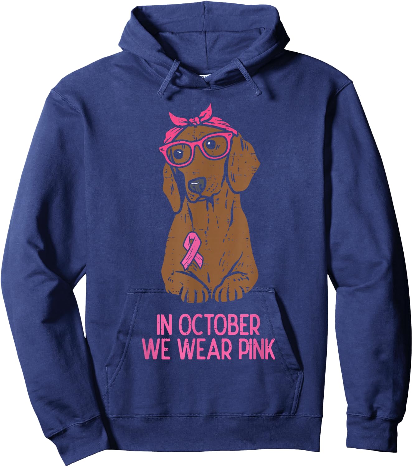 October We Wear Pink Dachshund Dog Breast Cancer Awareness Hoodie - Hoodie | Navy