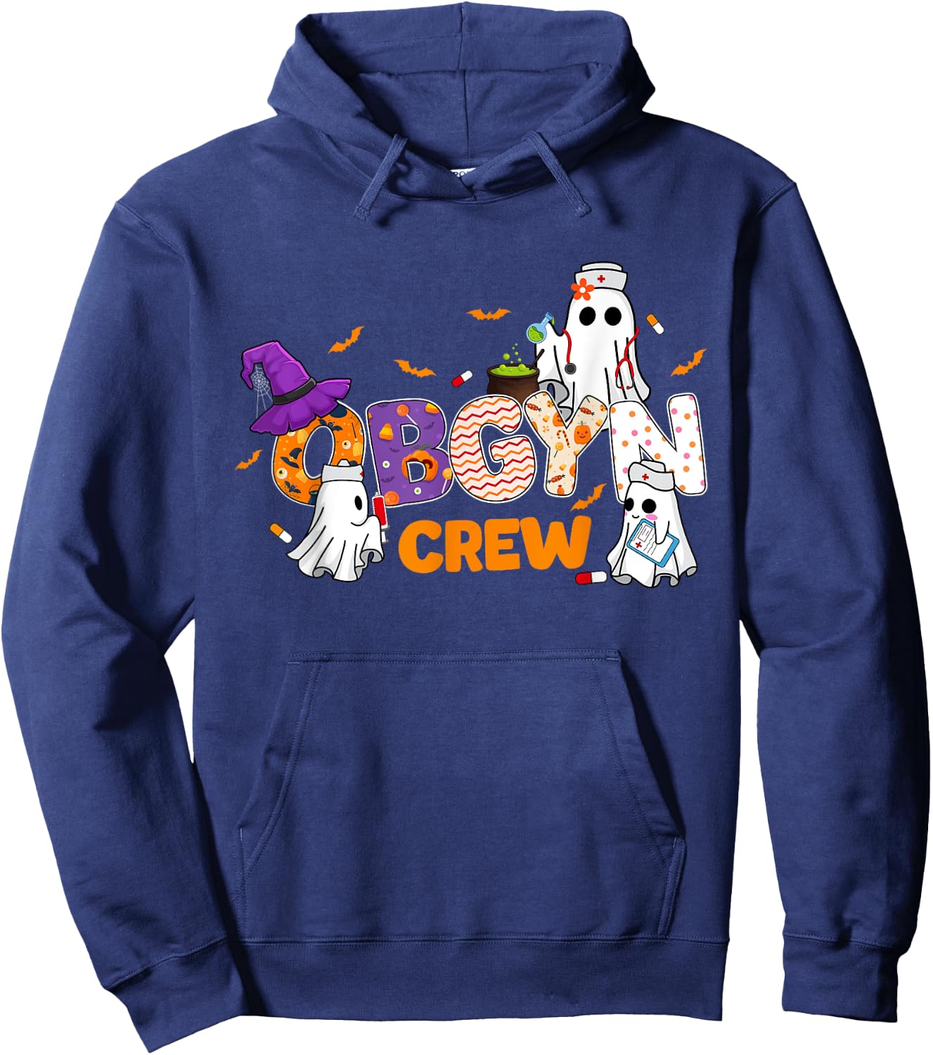 Halloween OBGYN Crew Cute Boo Ghost Nurse Nursing Scrub Hoodie - Hoodie | Navy