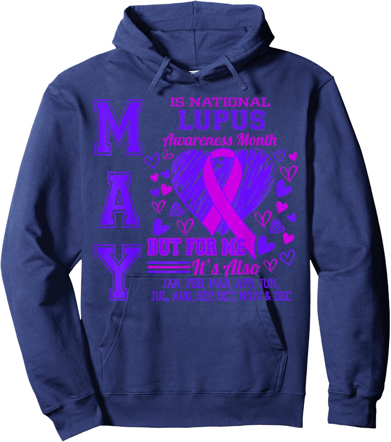 May is National Lupus Awareness Month Purple Ribbon Hoodie - Hoodie | Navy