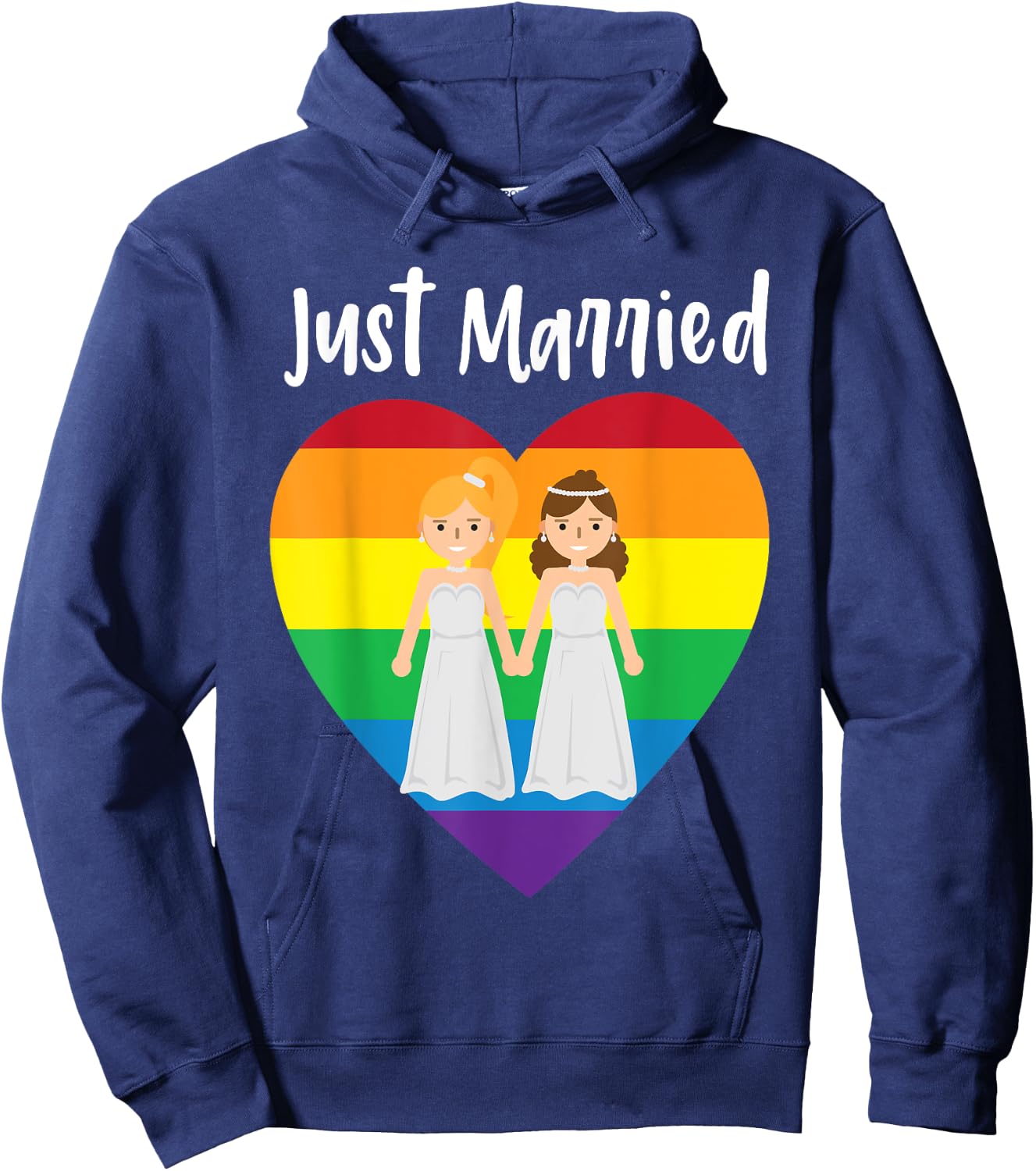 Just Married Double Bride Lesbian Pride Rainbow Color Print Hoodie - Hoodie | Navy