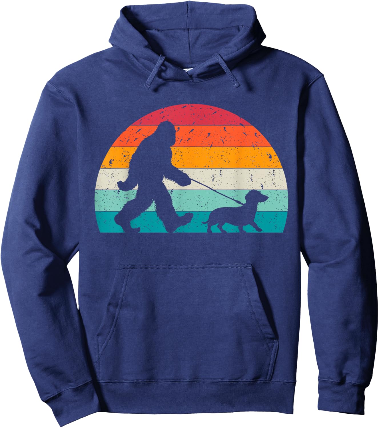 Retro Sasquatch Lover Doxie Wiener Dog Walker Bigfoot Walking a Dog Funny Dachshund Weiner Dog Dad Weenie , Small, Black Hoodie - Hoodie | Navy