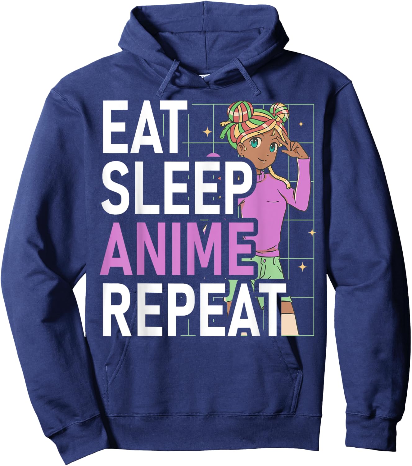 Eat Sleep Anime Repeat Anime Black Girl Afro Manga Otaku Hoodie - Hoodie | Navy