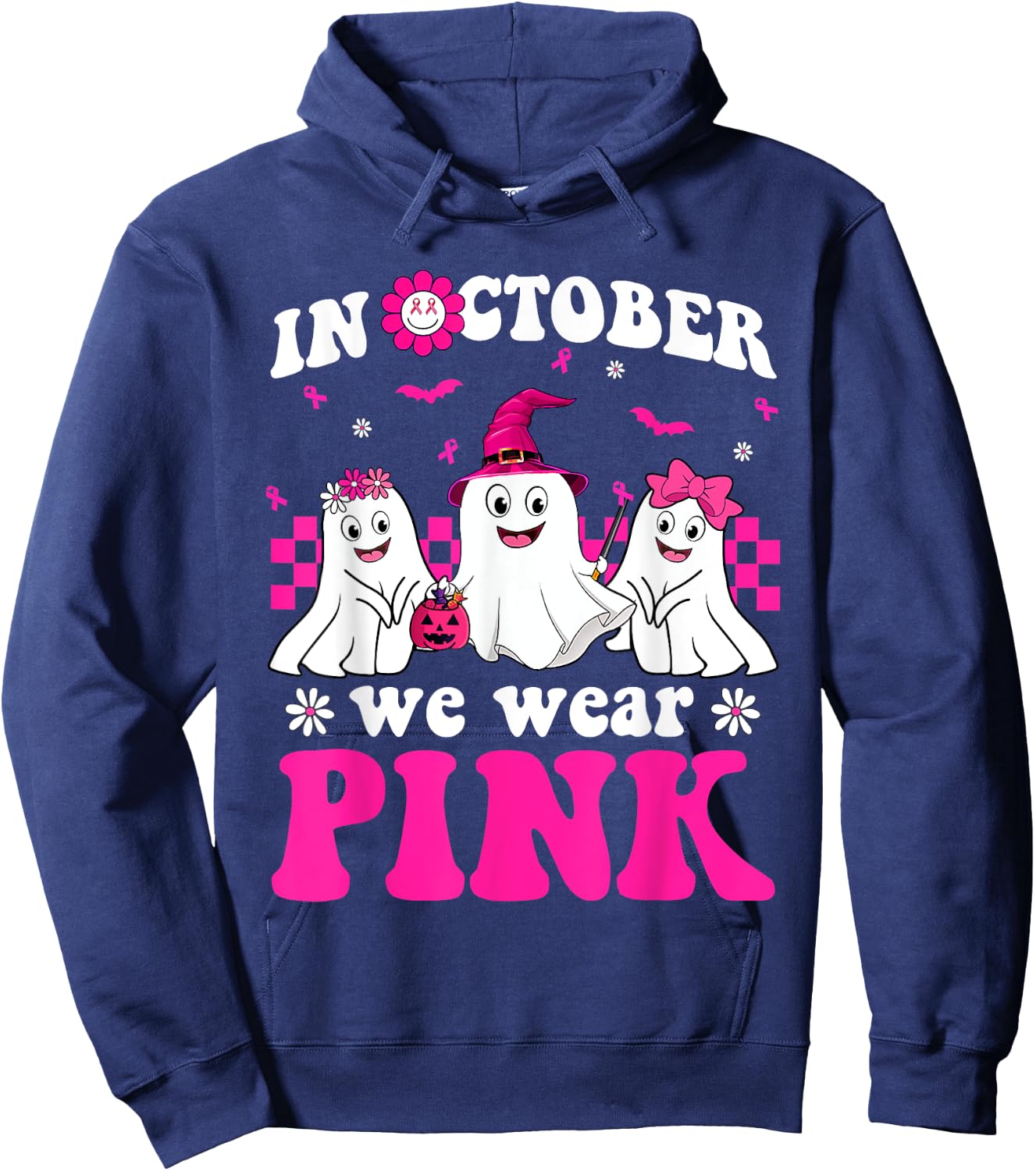 Wear Pink Groovy Ghost Halloween Breast Cancer Awareness Hoodie - Hoodie | Navy