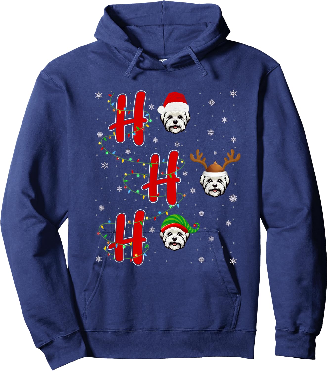 Xmas Lights HO HO HO Maltese Dog Funny Ugly Christmas Hoodie - Hoodie | Navy