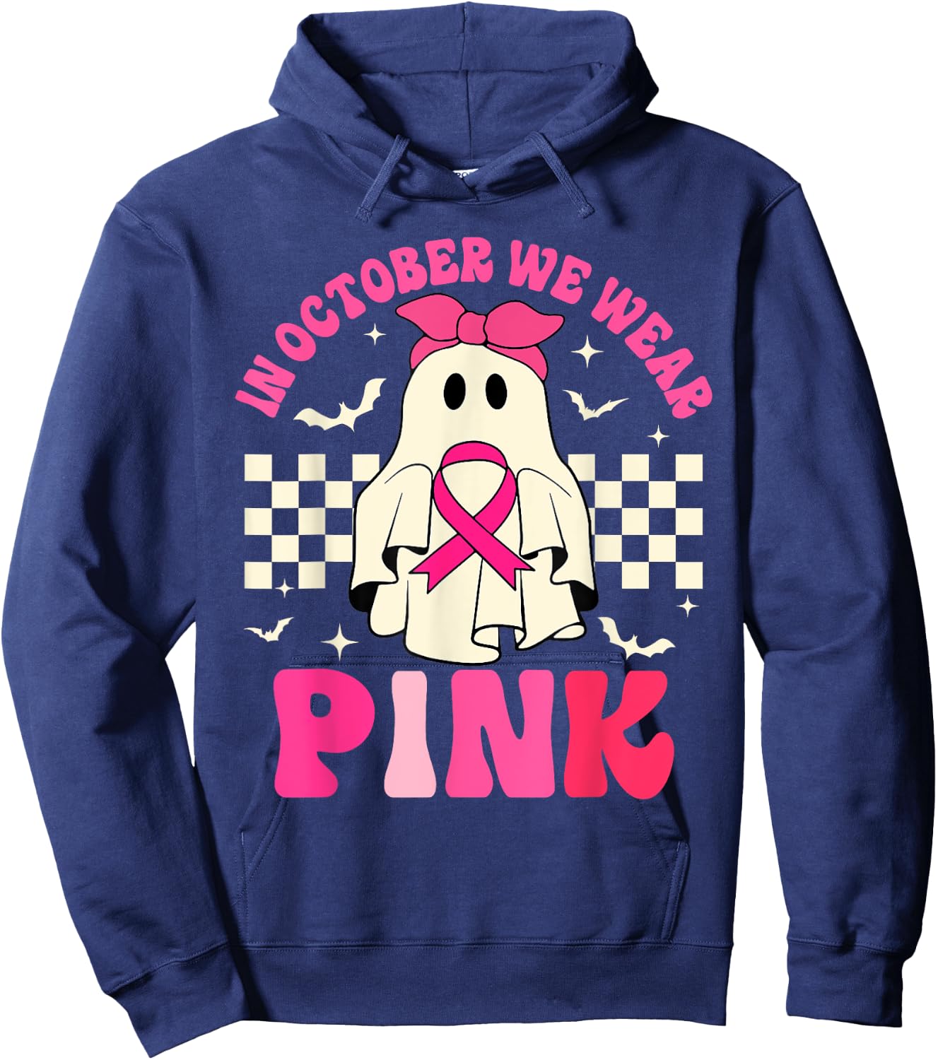 October We Wear Pink Halloween Ghost Breast Cancer Awareness Hoodie - Hoodie | Navy