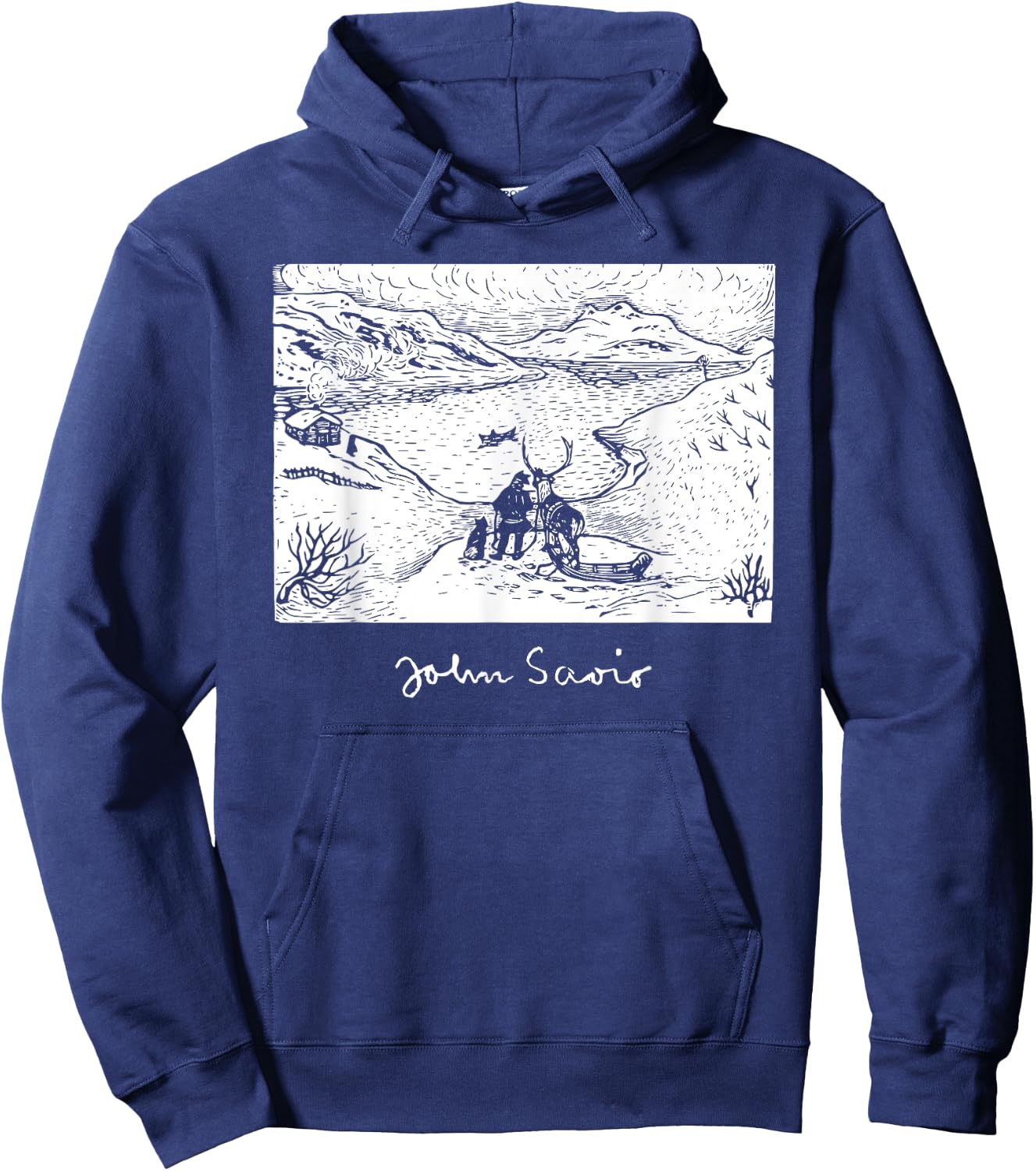 John Savio Sami Art Lapland Lapp with Reindeer at Bay Snow Hoodie - Hoodie | Navy
