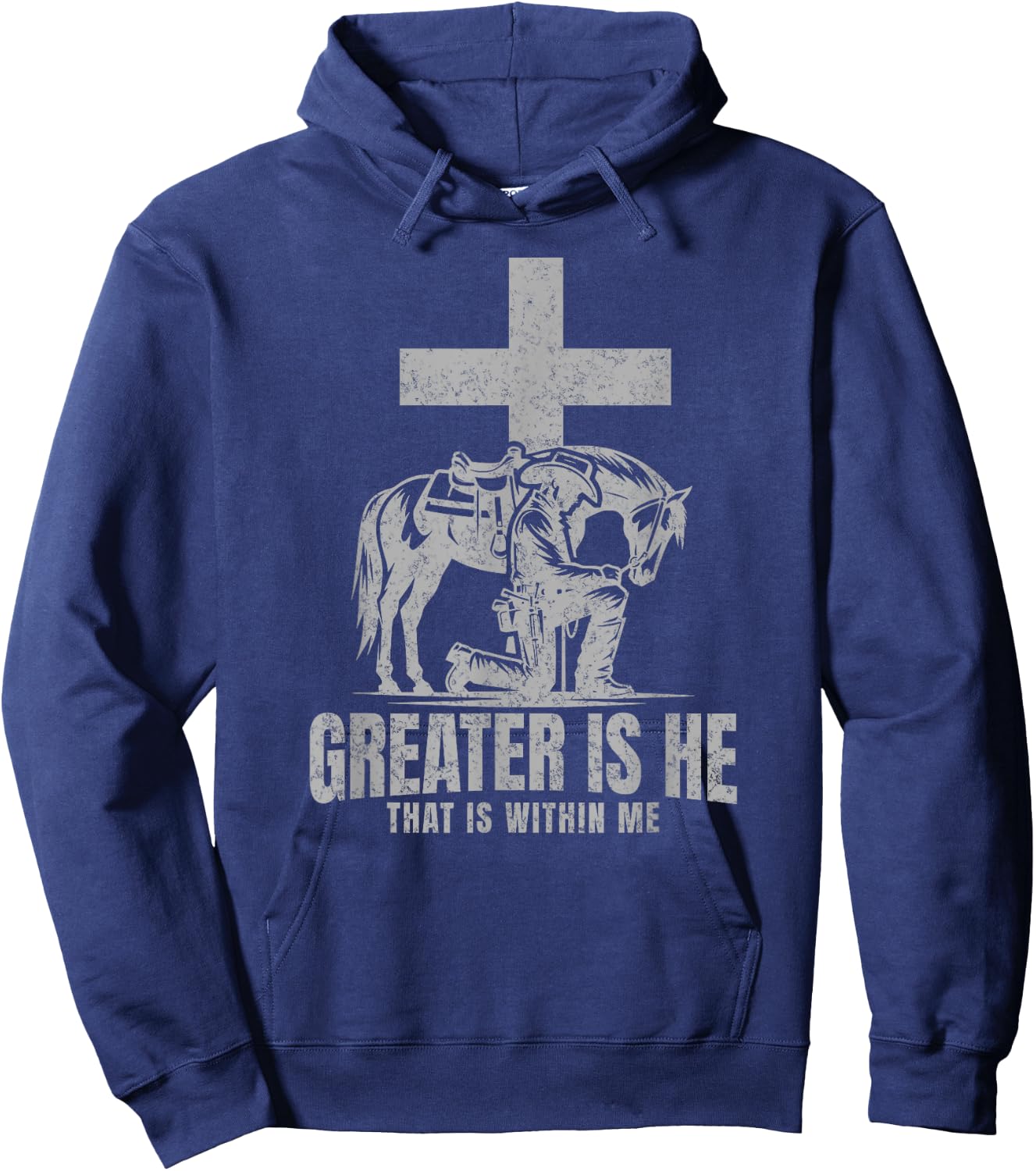 Cowboy Kneeling At Cross Greater Is He Western Jesus Faith Hoodie - Hoodie | Navy