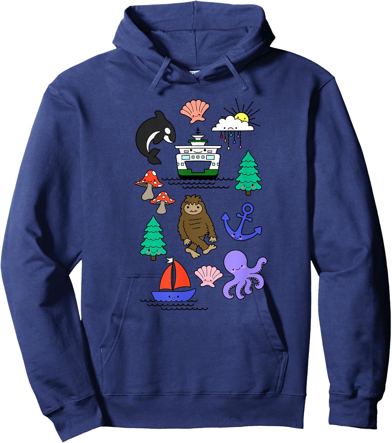 Pacific Northwest Kawaii Sasquatch Ferry Boat Doodle Sketch Hoodie - Hoodie | Navy