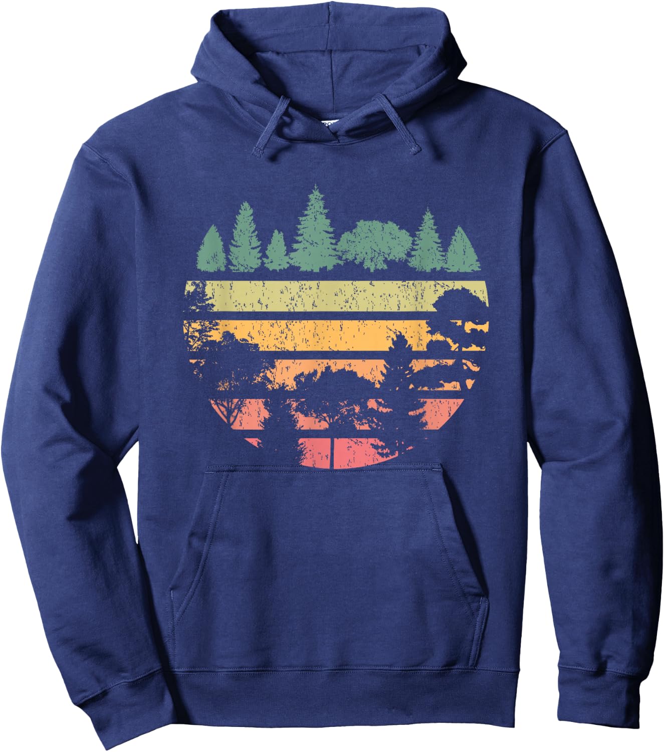 Forest Trees Retro Sunset Vintage Graphic Hiking Camping Hoodie - Hoodie | Navy