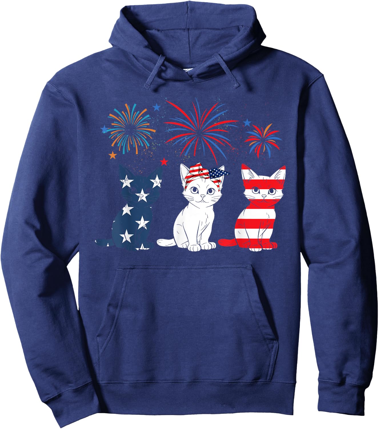 Red White Blue Cat USA Flag Firework 4th Of July Hoodie - Hoodie | Navy