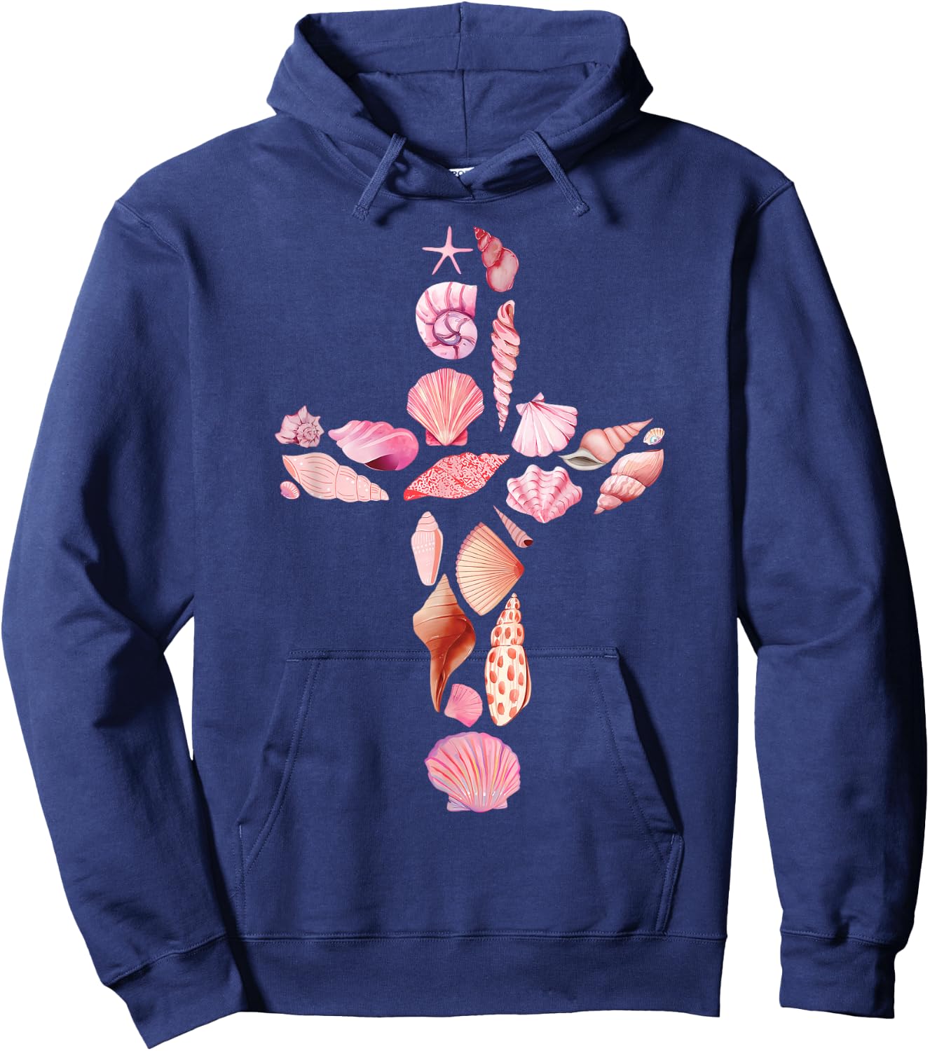 Beachy Ocean Seashell Faith Cross Christian Coquette Hoodie - Hoodie | Navy